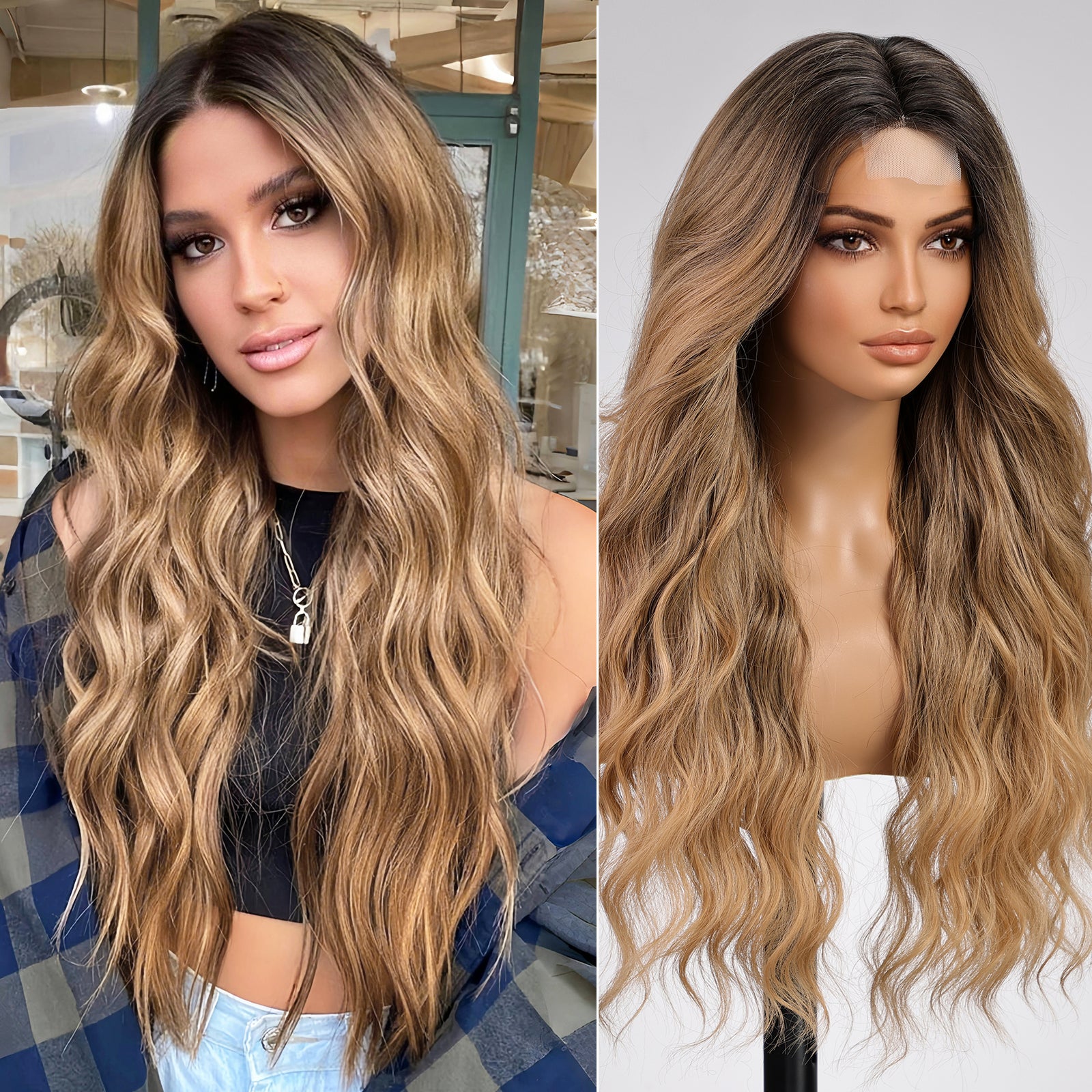 KOME Long Ombre Blonde Highlight Wavy Wig for Women, Blonde mixed Brown Wigs Lace Front Middle Part Curly Wavy Wig,Synthetic Heat Resistant Fiber Wig for Daily Party Use 26IN