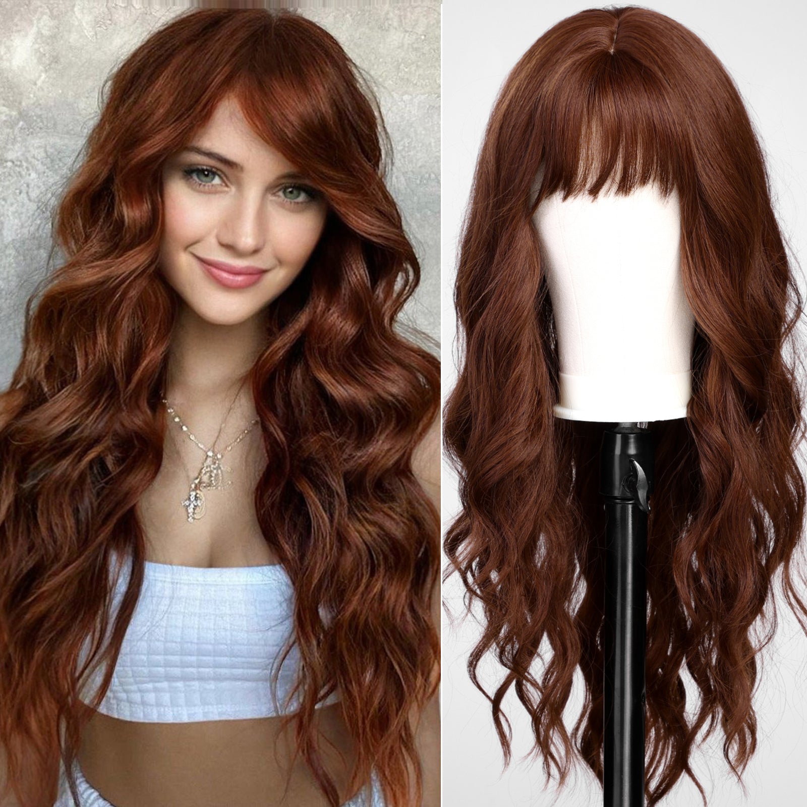 Auburn Wigs with Bangs,Copper Red Long Wavy Wig for Women,Long Curly Synthetic Hair Wig for Party Daily Use 26IN