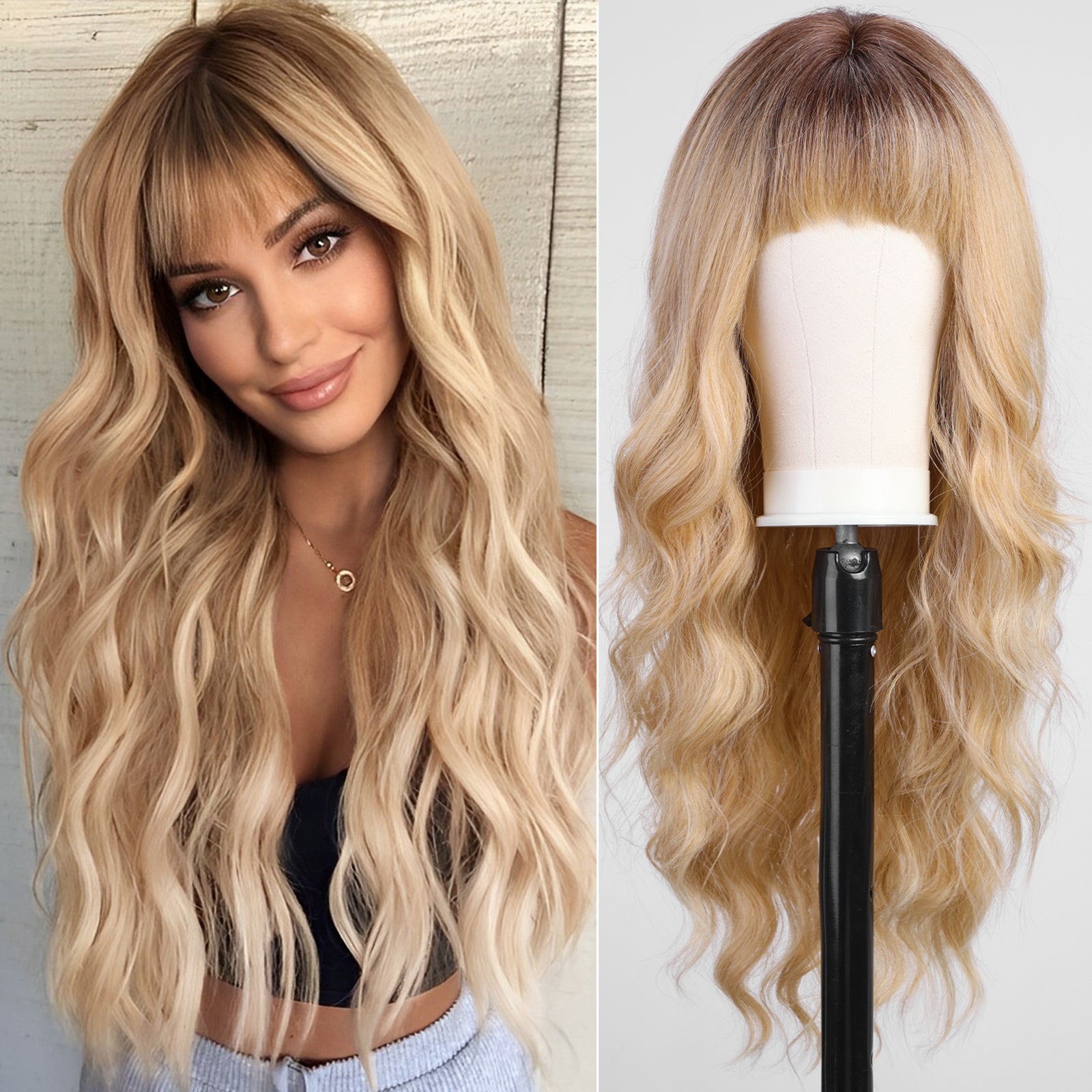 Blonde Wigs with Bangs,Ombre Blonde Long Wavy Wig for Women,Long Curly Wigs Synthetic Hair Wig for Party Cosplay Daily Use 26IN