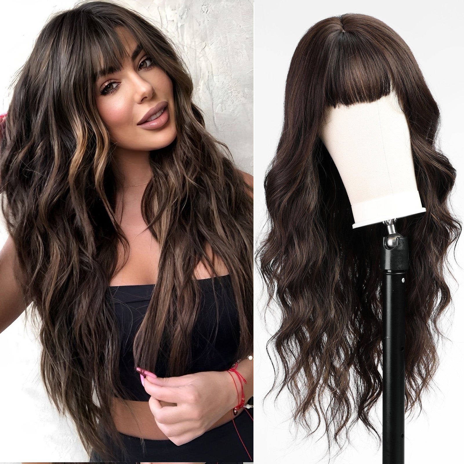 KOME Dark Brown Wigs with Bangs,Brown Highlight Long Curly Wig for Women,Blonde Long Wavy Wig Synthetic Hair Wig for Party Cosplay Daily Use 26IN