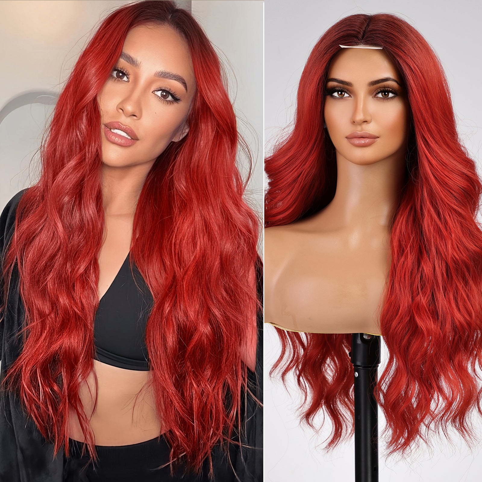 KOME Ombre Red Wig for Women,Red Colored Wigs Lace Front Middle Part Curly Wavy Wig,Synthetic Heat Resistant Fiber Wig for Daily Party Use 26IN