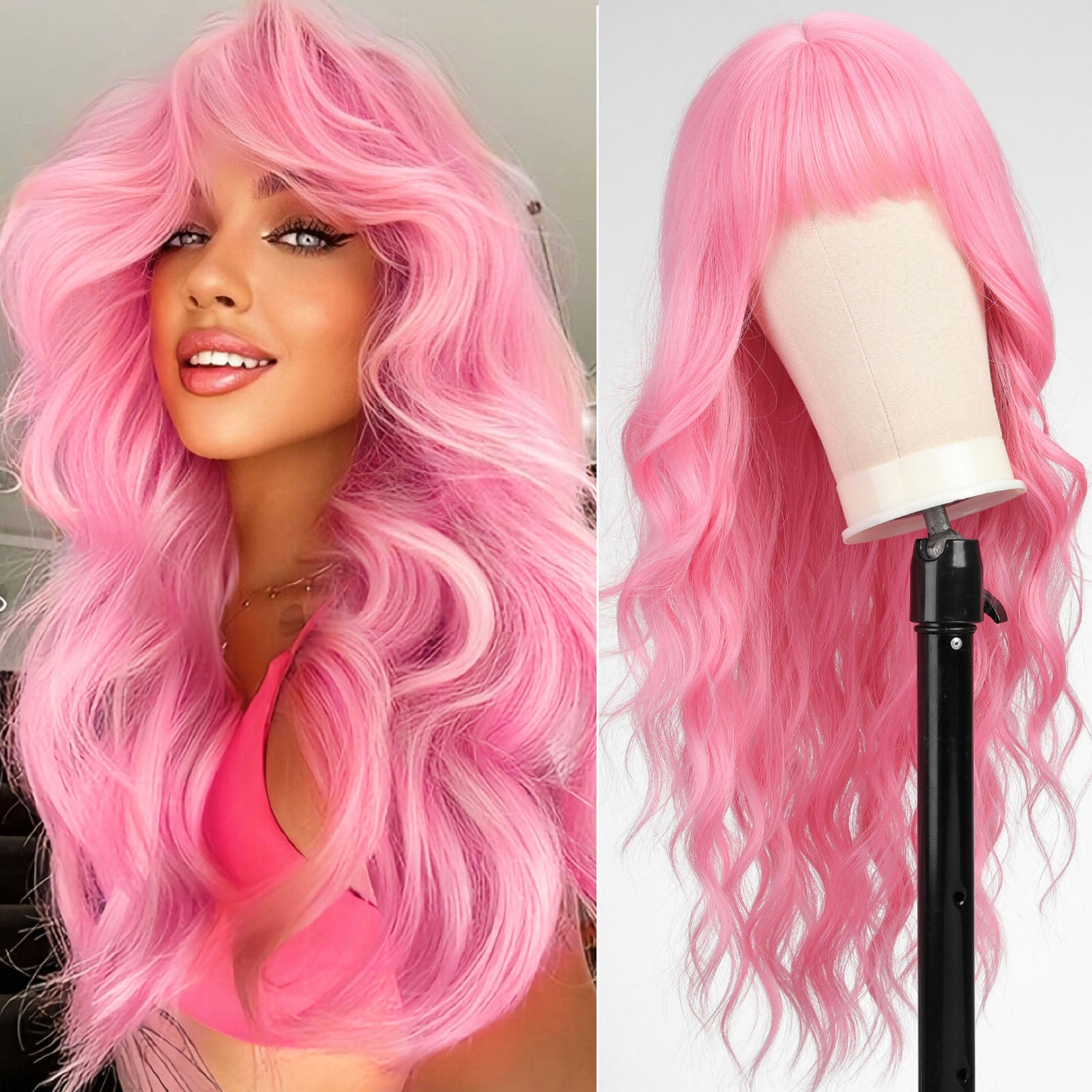 Pink Wig- Long Pink Wavy Wigs for Women,Pastel Pink Wig with Bangs,Natural Curly Synthetic Wig for Party Cosplay Daily Use 26IN