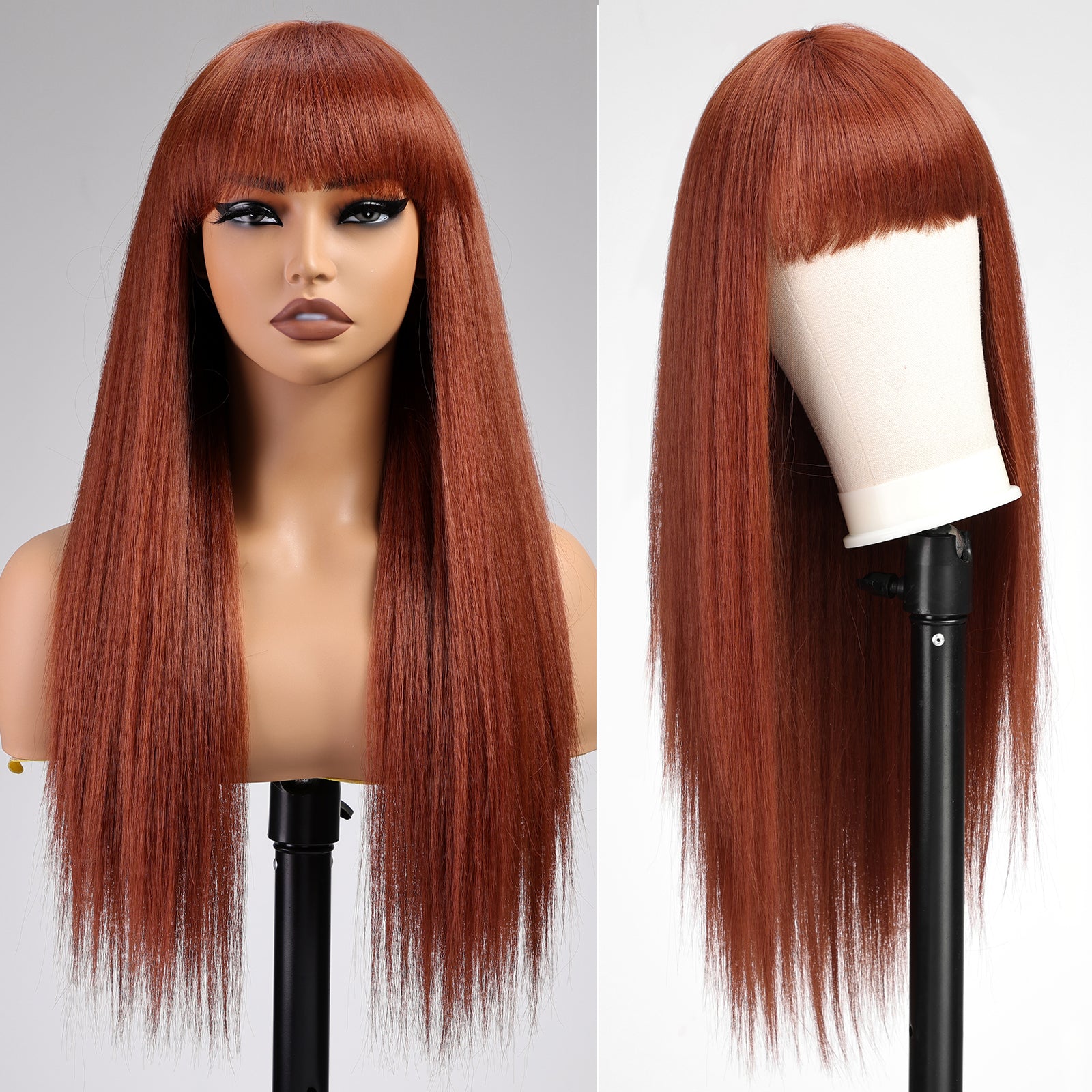 KOME Reddish Brown Wigs for Women,Auburn Yaki Straight Glueless Synthetic Long Silk Natural Wig with Bangs Heat Resistant Fiber 26IN