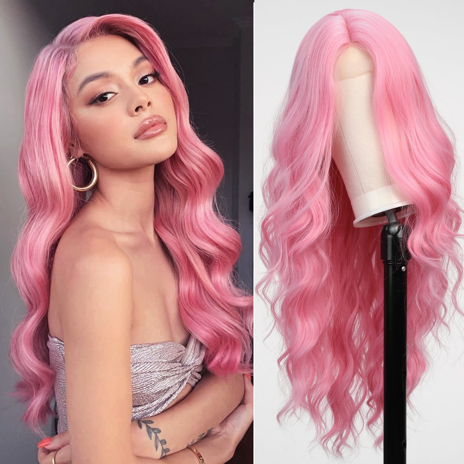 KOME Pastel Pink Wig,Long Pink Wavy Wig for Women,Lace Front Middle Part Curly Wavy Wig,Natural Looking Synthetic Heat Resistant Fiber Wig for Daily Party Use 26IN…