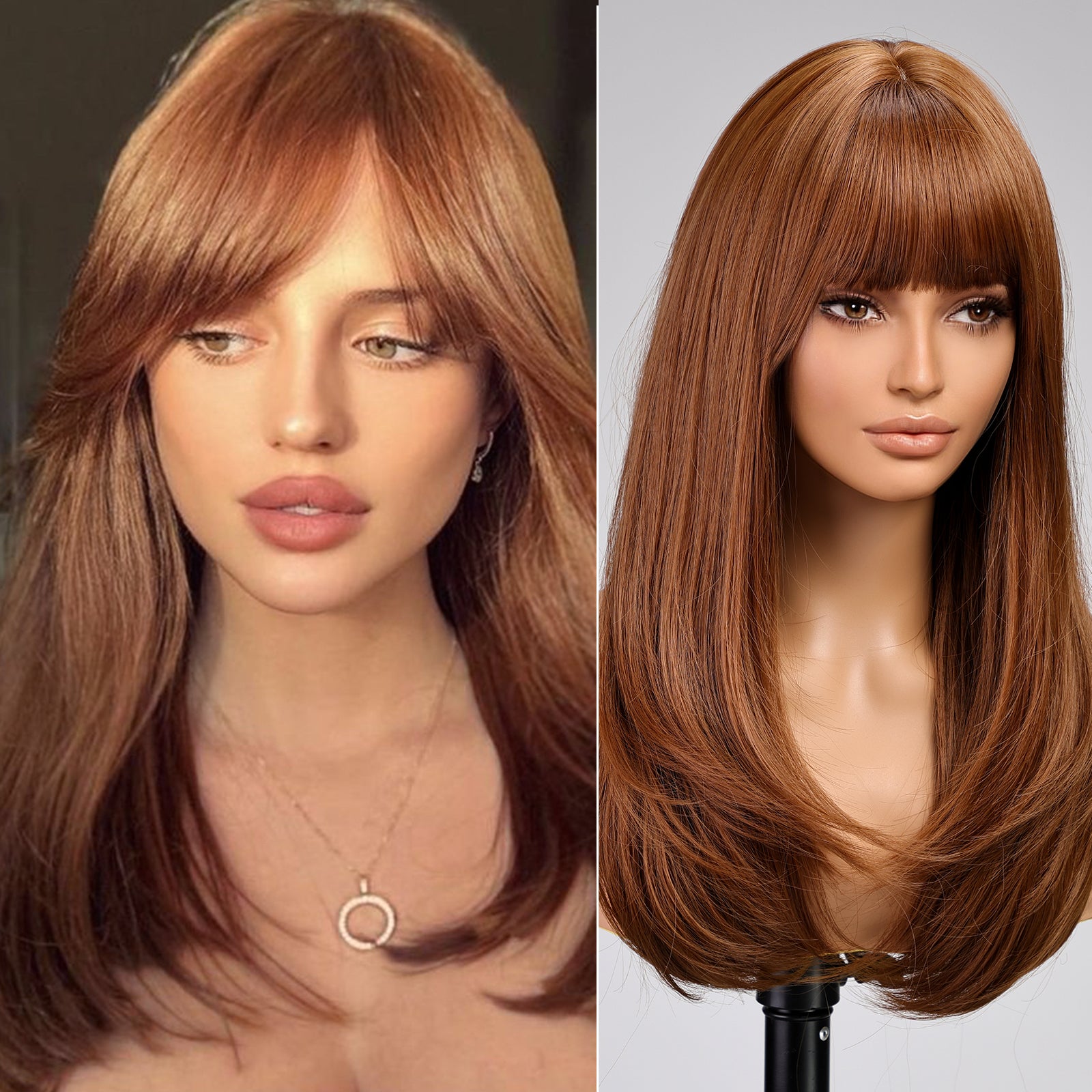 Auburn Long Layered Wig with Bangs,Orange Straight Hair Wigs for Women,Synthetic Heat Resistant Natural Looking Hair Wig for Party Cosplay Dality Use