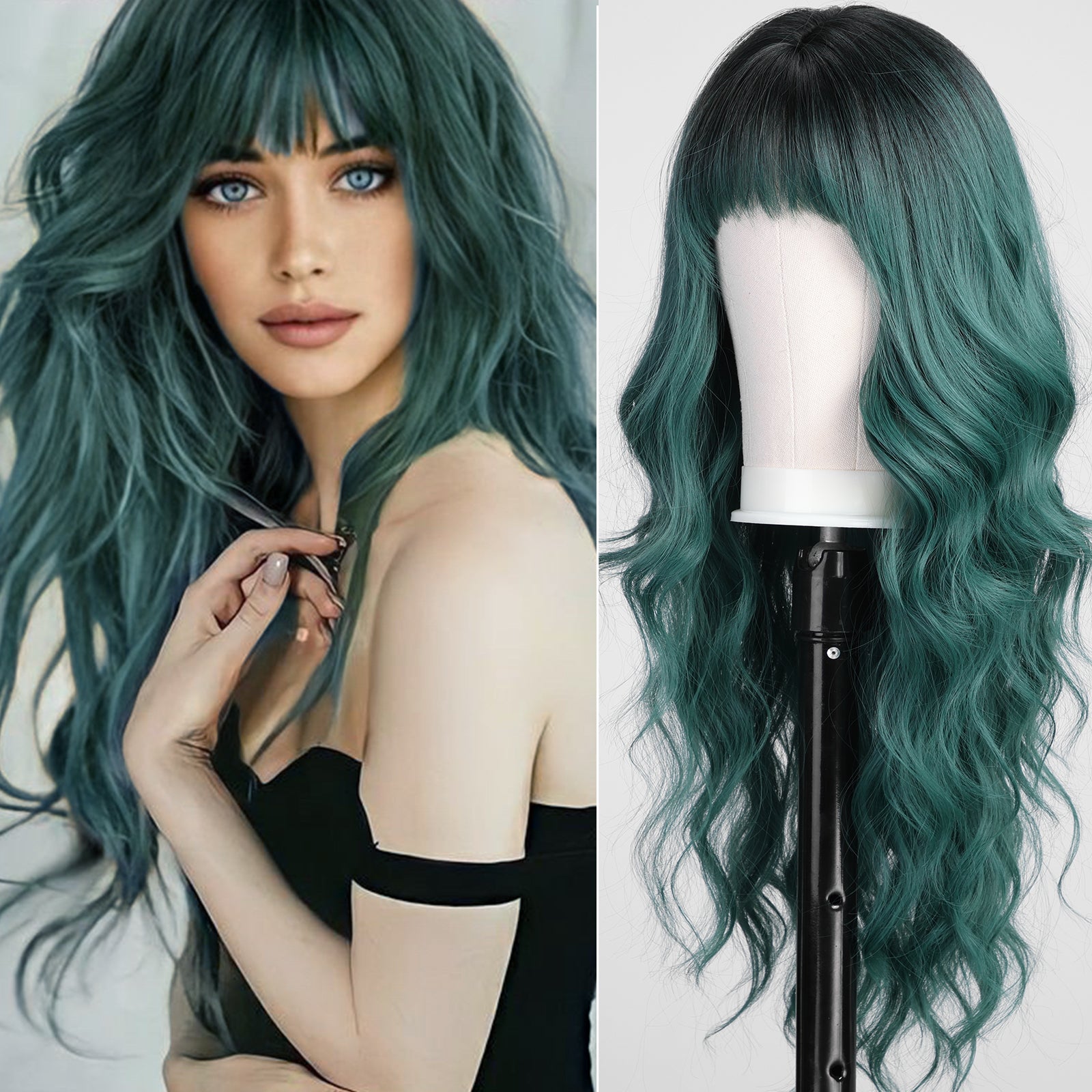 Green Wigs with Bangs,Green Wig for Women Highlight Wavy Wig,Long Curly Wigs Synthetic Hair Wig for Party Cosplay Daily Use 26IN