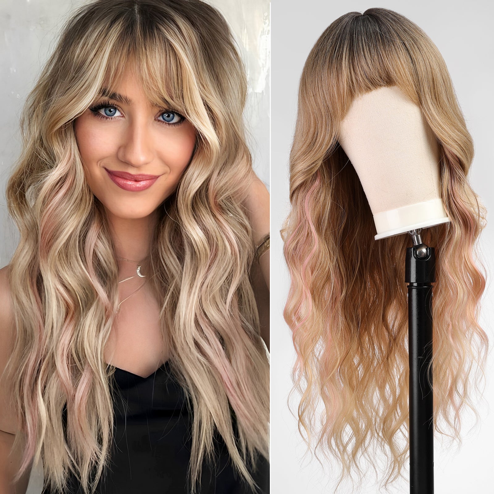 KOME Ombre Blonde Wigs with Bangs,Blonde mix Pink Long Curly Wig for Women,Blonde Long Wavy Wig Synthetic Hair Wig for Party Cosplay Daily Use 26IN