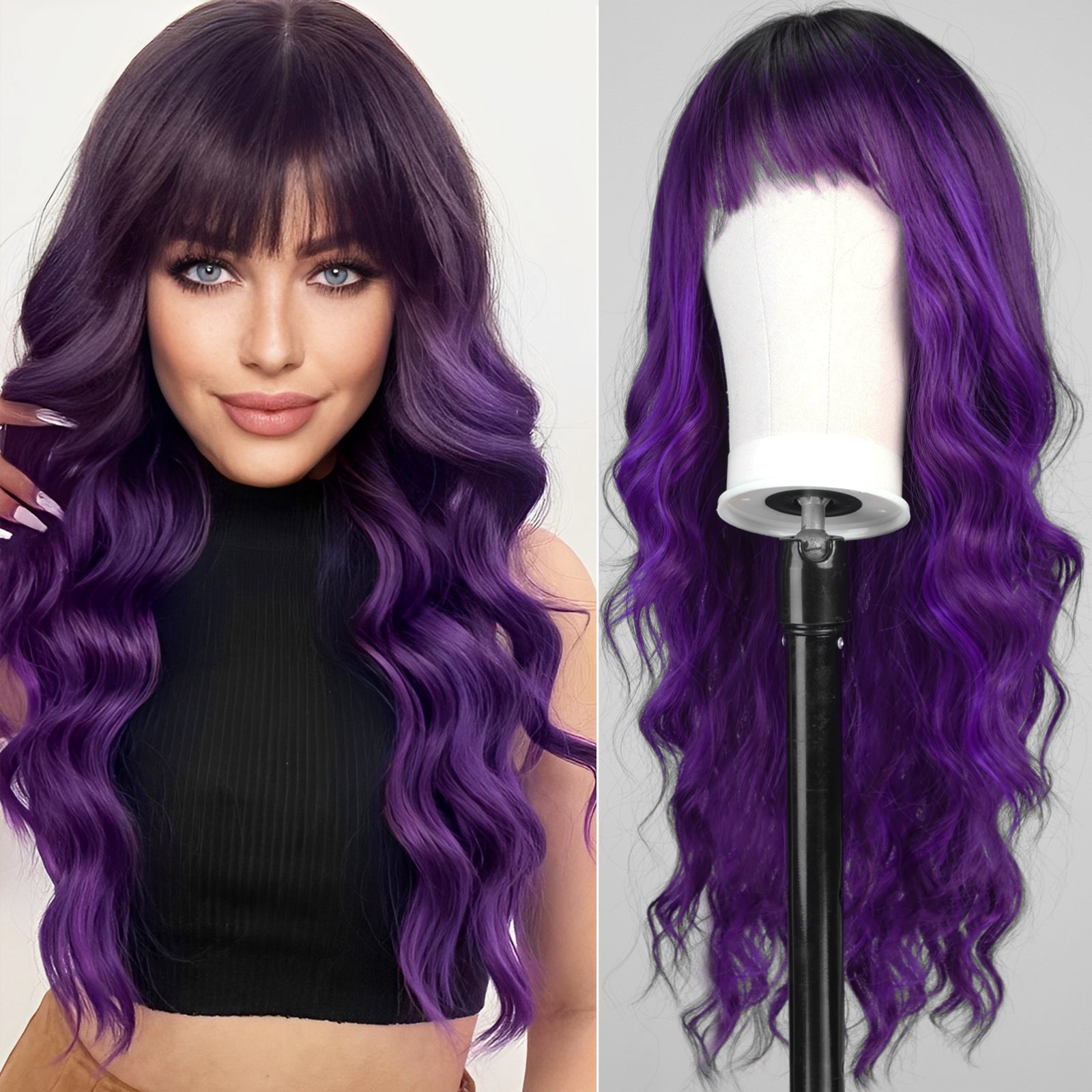 Purple Wigs with Bangs,Long Purple Wig for Women,Long Curly Wigs Synthetic Hair Wig for Party Cosplay Daily Use 26IN