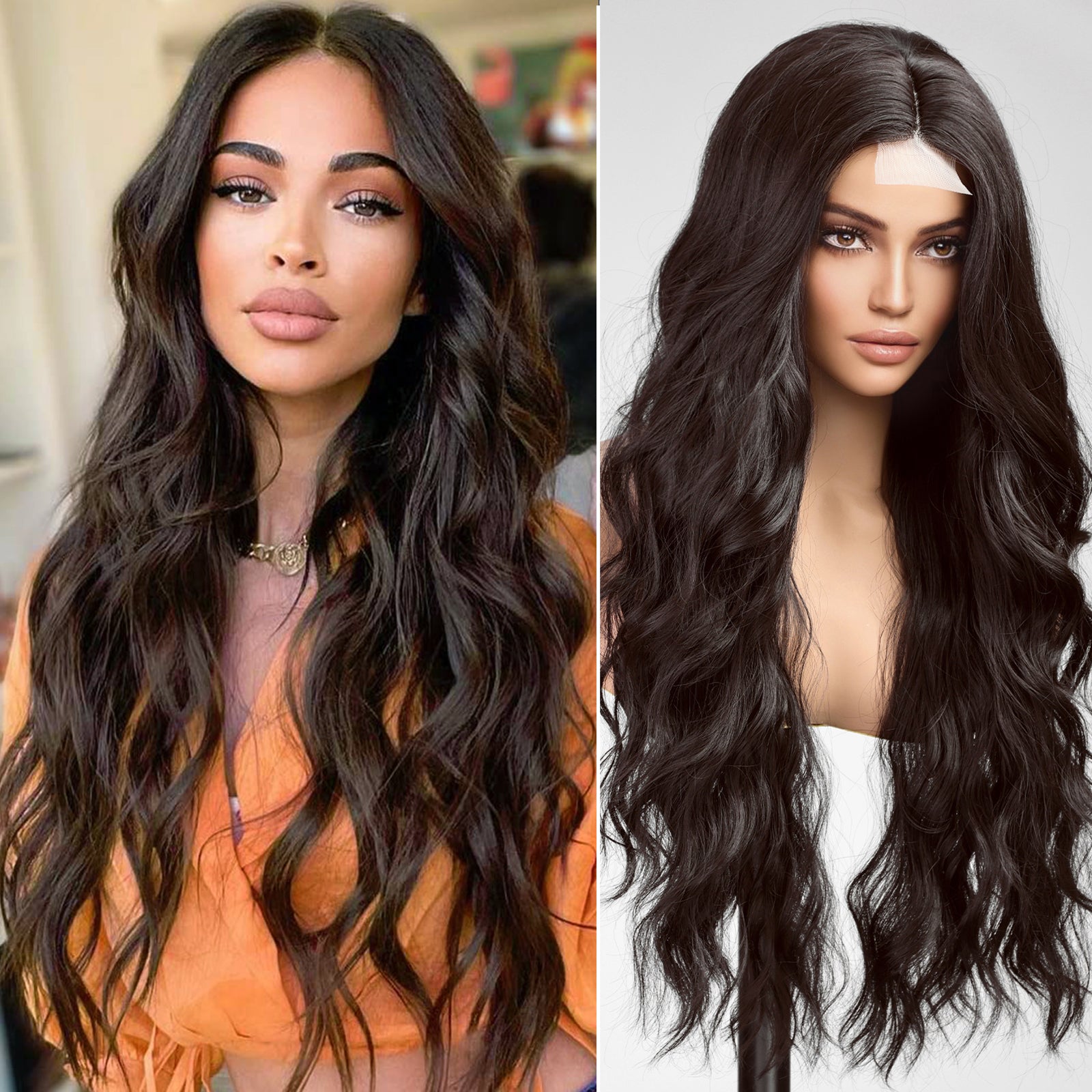 Long Dark Brown Wavy Wig for Women,Lace Front Middle Part Curly Wavy Wig, Natural Looking Synthetic Heat Resistant Fiber Wig for Daily Party Use 26IN