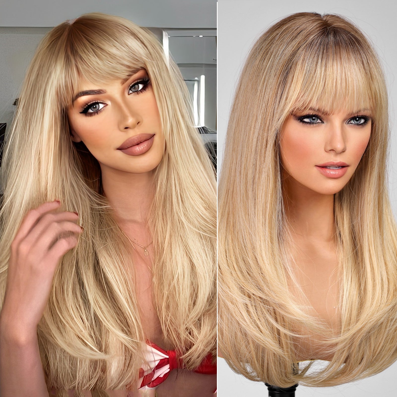 Blonde Long Layered Wig with Bangs,Straight Hair Wigs for Women,Synthetic Heat Resistant Natural Looking Hair Wig for Party Cosplay Dality Use