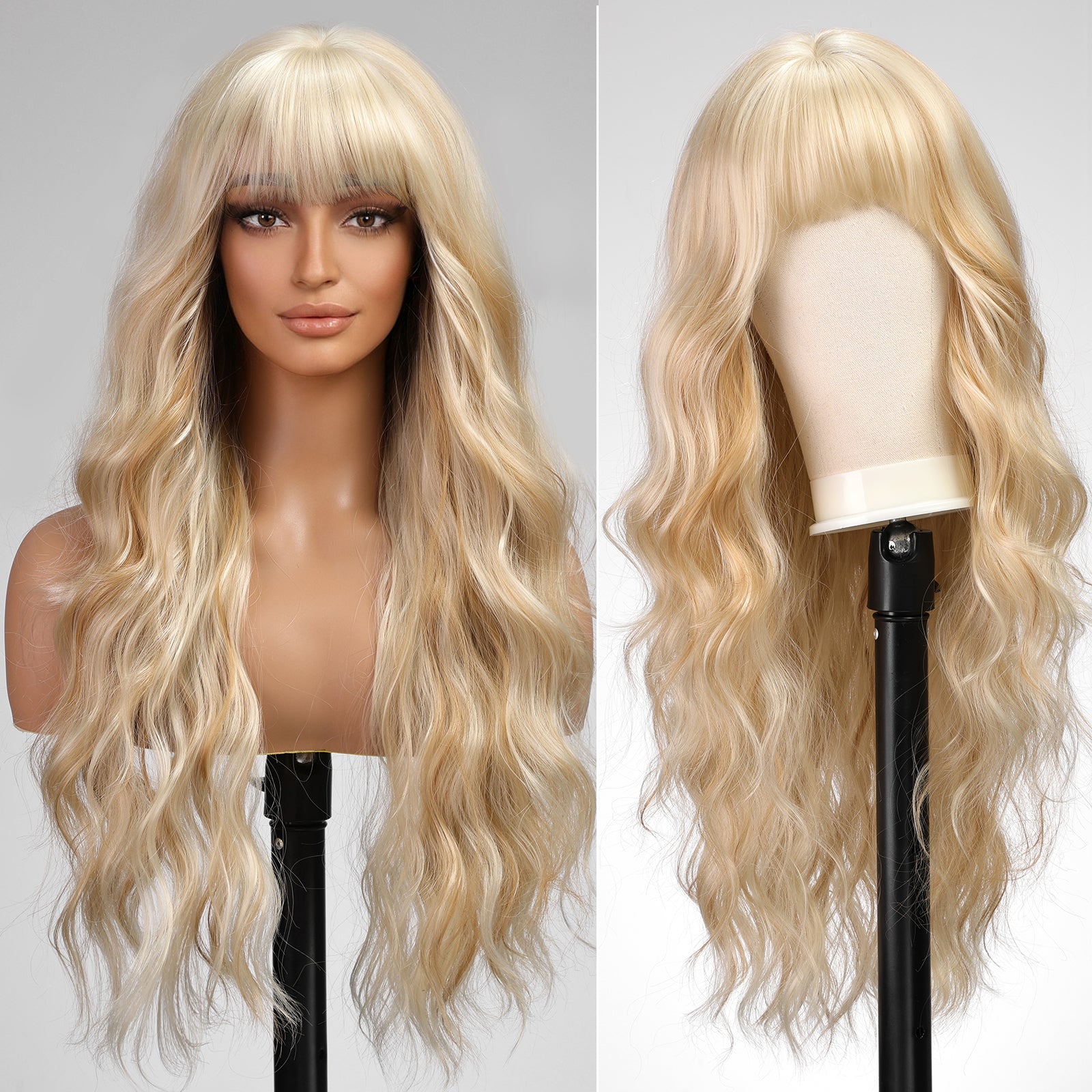 KOME Light Blonde Wigs with Bangs,613 Blonde mixed Long Wavy Wig for Women,Long Curly Synthetic Hair Wig for Party Daily Use 26IN