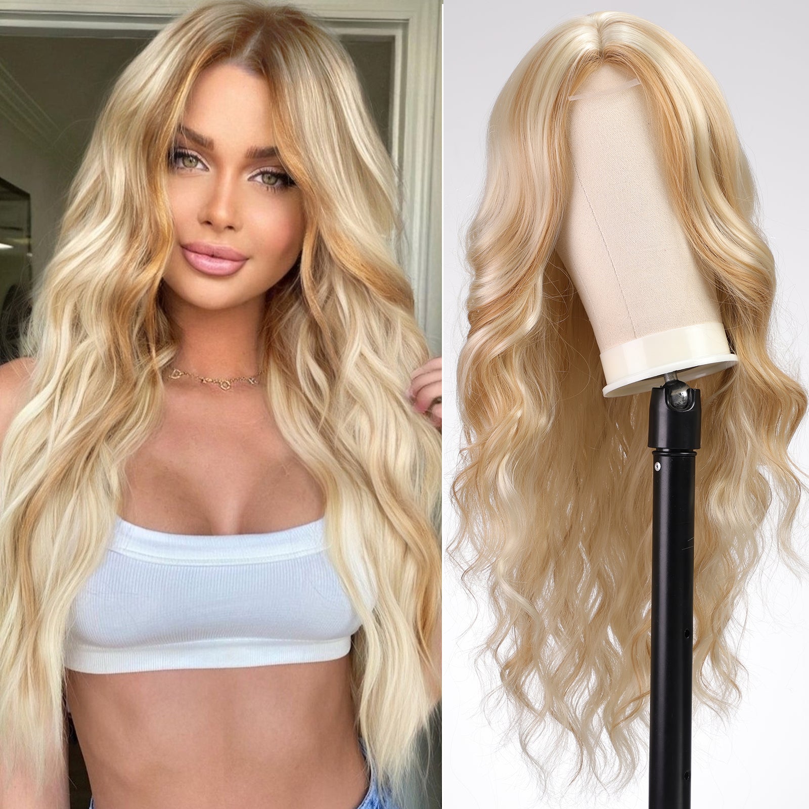 KOME Light Blonde Wig for Women,613 Blonde mixed Wigs Lace Front Middle Part Curly Wavy Wig,Synthetic Heat Resistant Fiber Wig for Daily Party Use 26IN