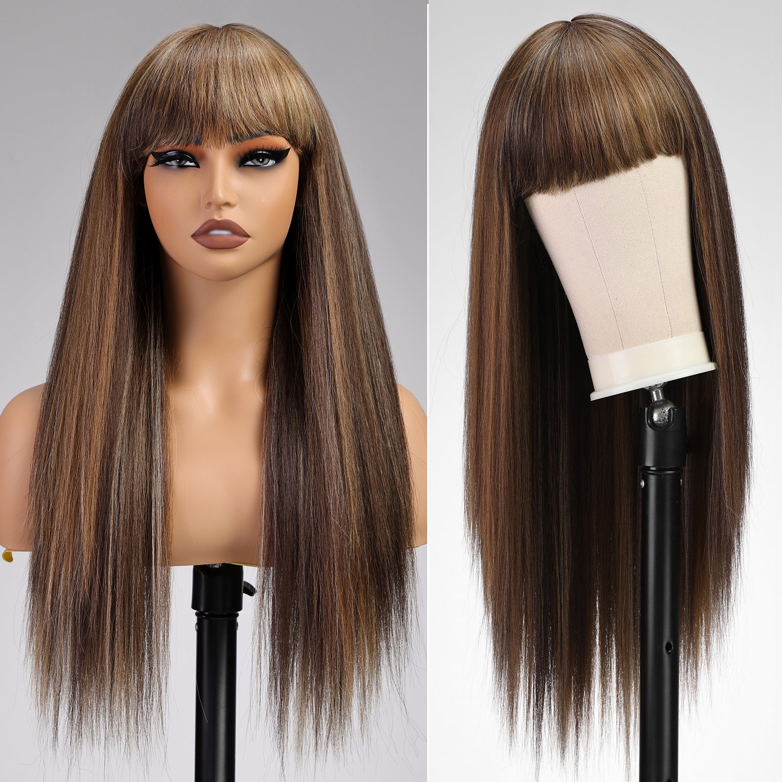 KOME Brown Wigs for Women,Brown Highlight Yaki Straight Glueless Synthetic Long Silk Natural Wig with Bangs Heat Resistant Fiber 26IN