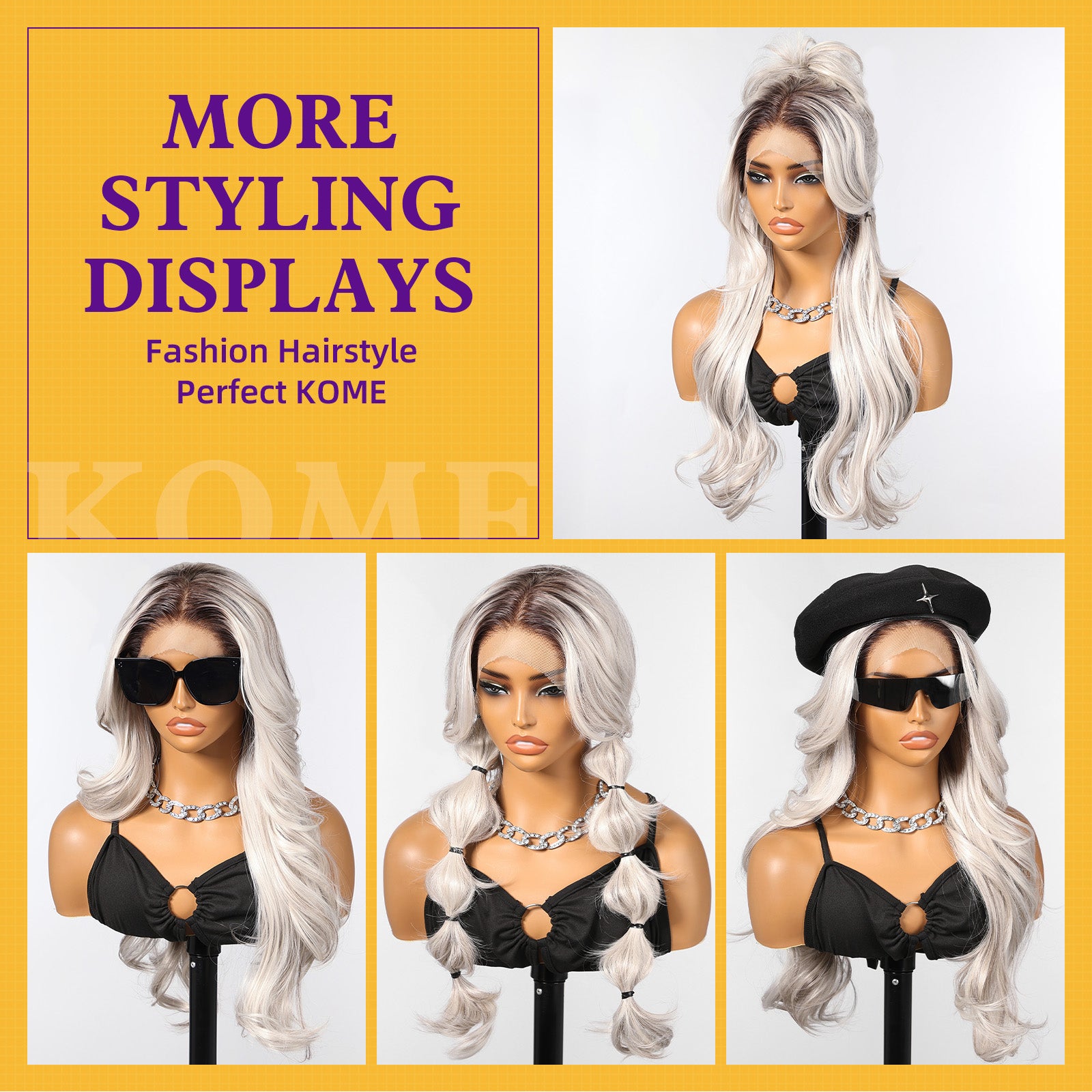 KOME Platinum Blonde Synthetic Lace Front Wig,13x4 HD Lace Layered Wave Glueless Wigs for Women Daily Use 26IN