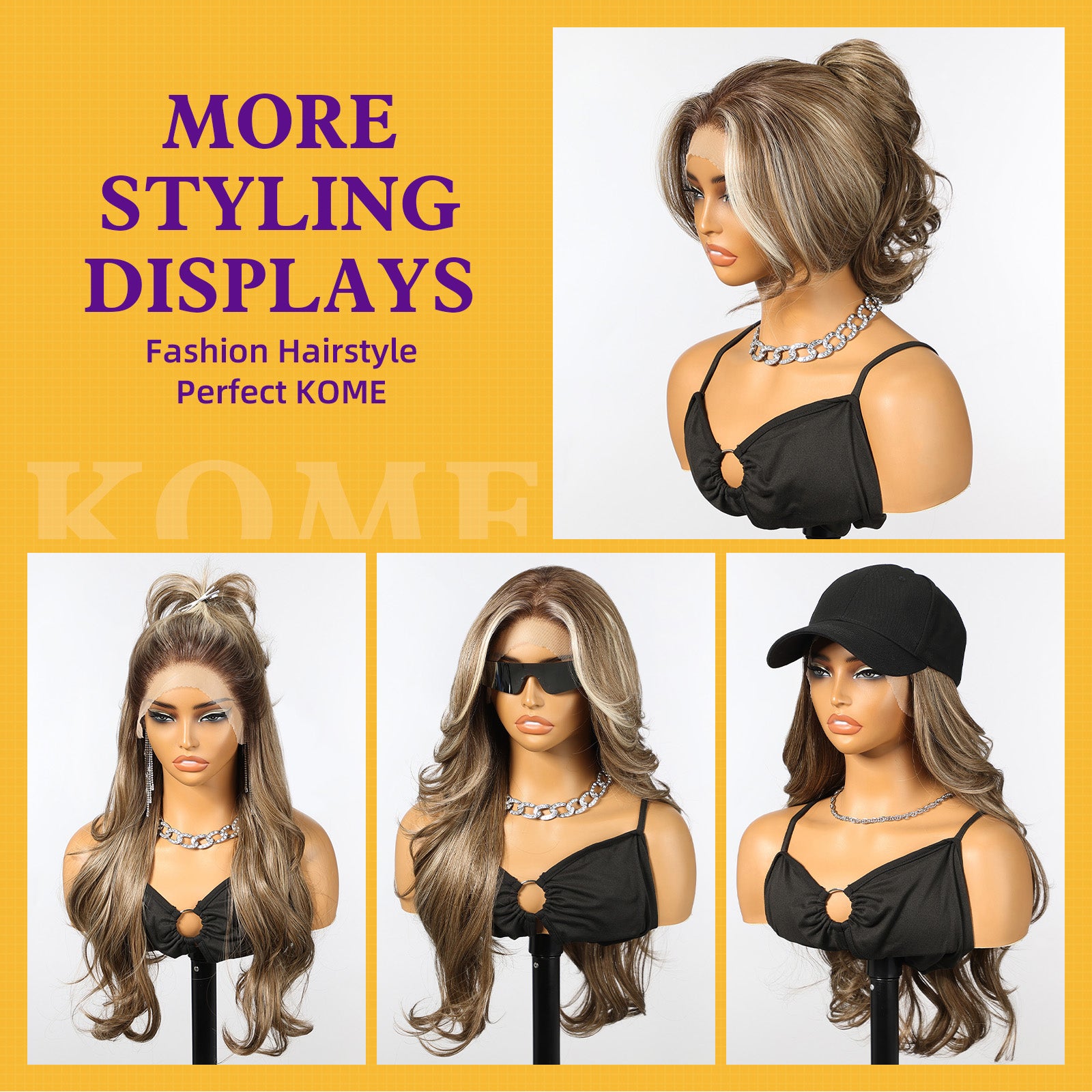 KOME Ash Brown Highlight Synthetic Lace Front Wig,13x4 HD Lace Layered Wave Glueless Wigs for Women Daily Use 26IN