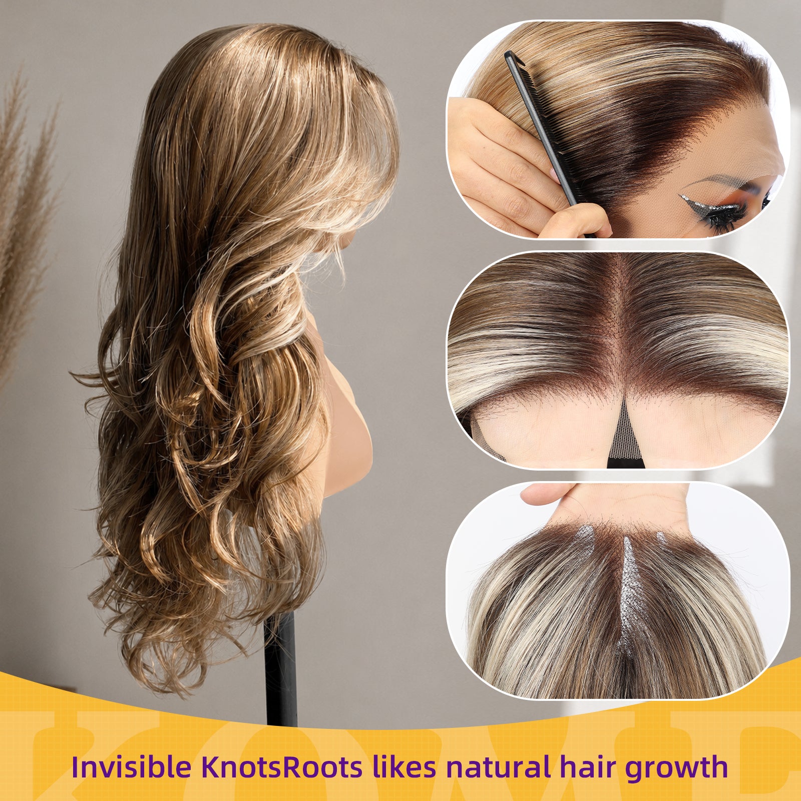 KOME Balayage Brown Highlight Synthetic Lace Front Wig,13x4 HD Lace Glueless Layered Brown Bouncy Blowouts Old Money Styler Wigs for Women Daily Use 26IN（#TT6/166）