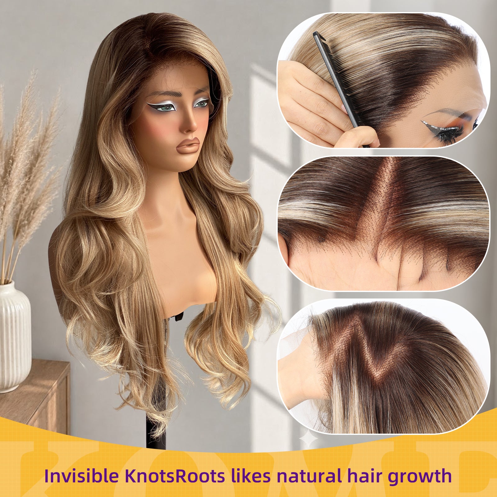 KOME Dirty Blonde Synthetic Lace Front Wig,13x4 HD Lace Glueless Layered Bouncy Blowouts Wigs with Dark Roots for Women Daily Use 26IN（#TT6/1603）