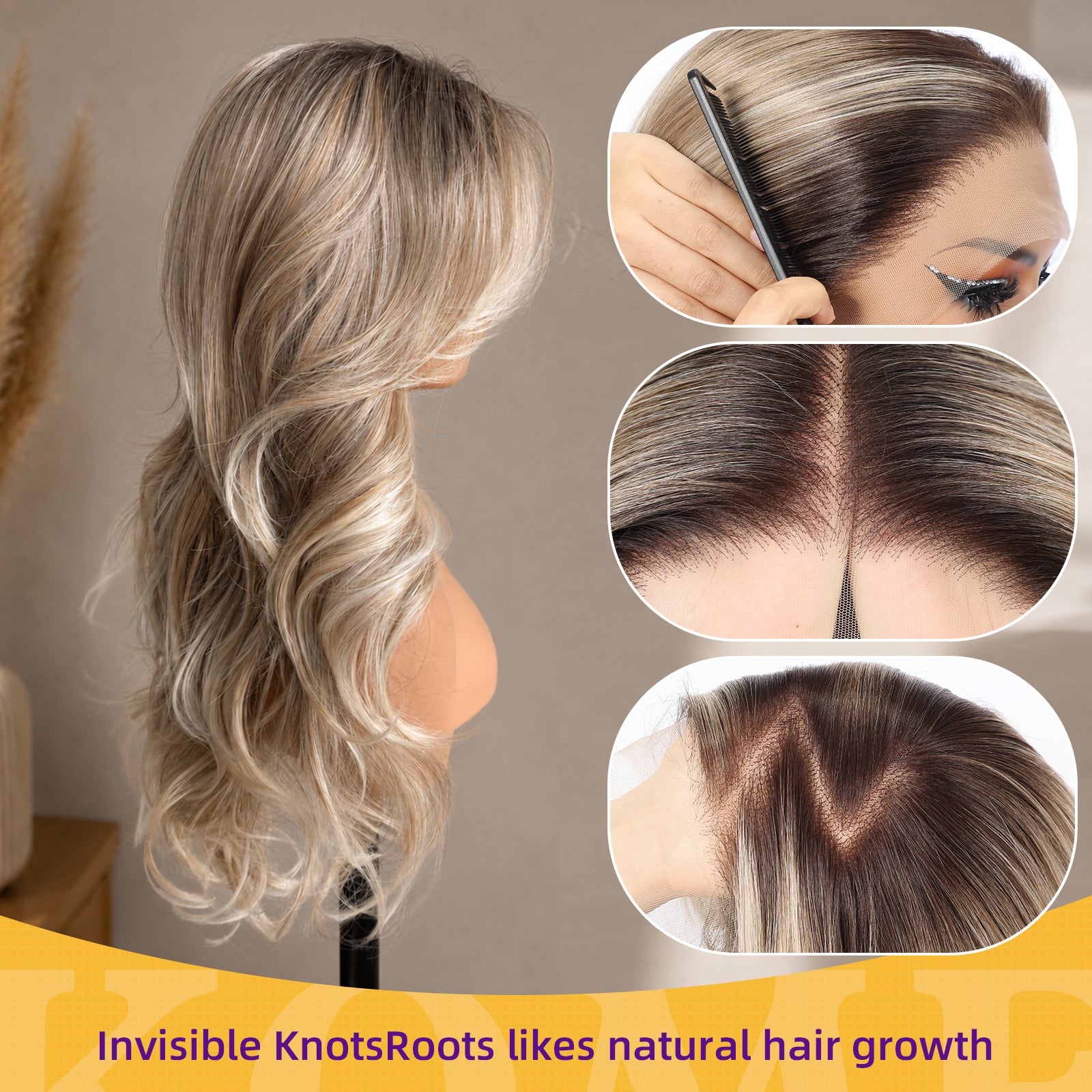 KOME Ash Blonde Highlight Synthetic Lace Front Wig,13x4 HD Lace Glueless Layered Bouncy Blowouts Blonde Wigs for Women Daily Use 26IN（#TT4/T2713A）
