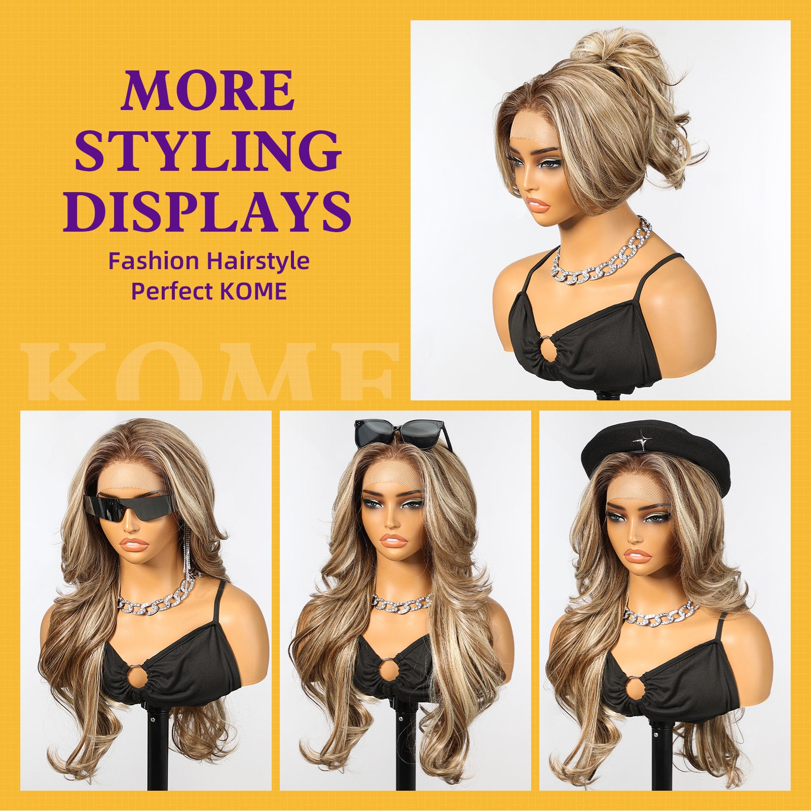 KOME Ash Blonde Highlight Synthetic Lace Front Wig,13x4 HD Lace Layered Wave Glueless Wigs for Women Daily Use 26IN