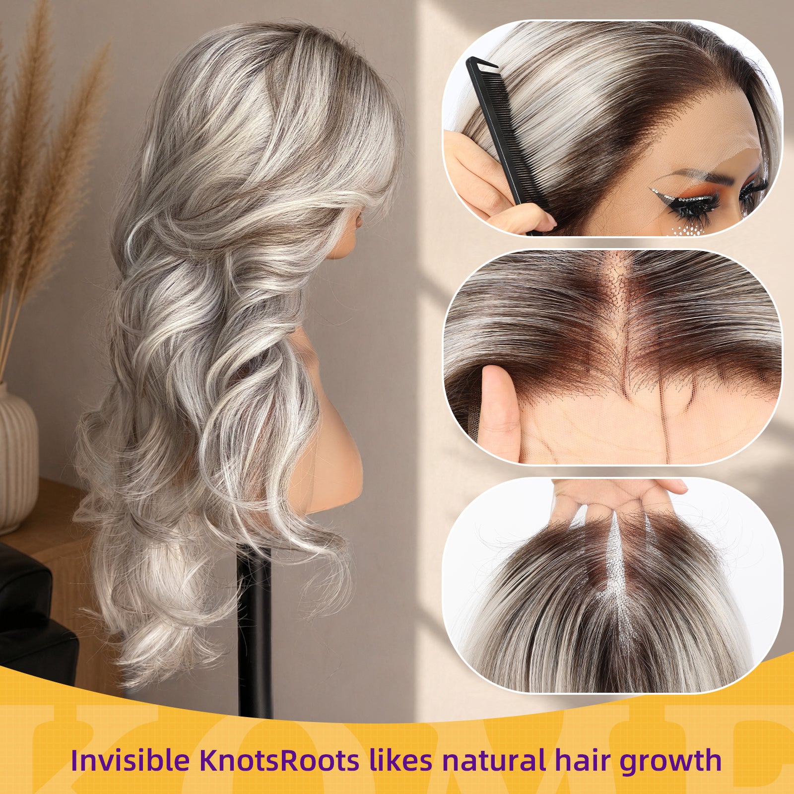 KOME Platinum Blonde Highlight Synthetic Lace Front Wig,13x4 HD Lace Light Grey Glueless Layered Bouncy Blowouts Wigs for Women Daily Use 26IN（#TT6/4603）