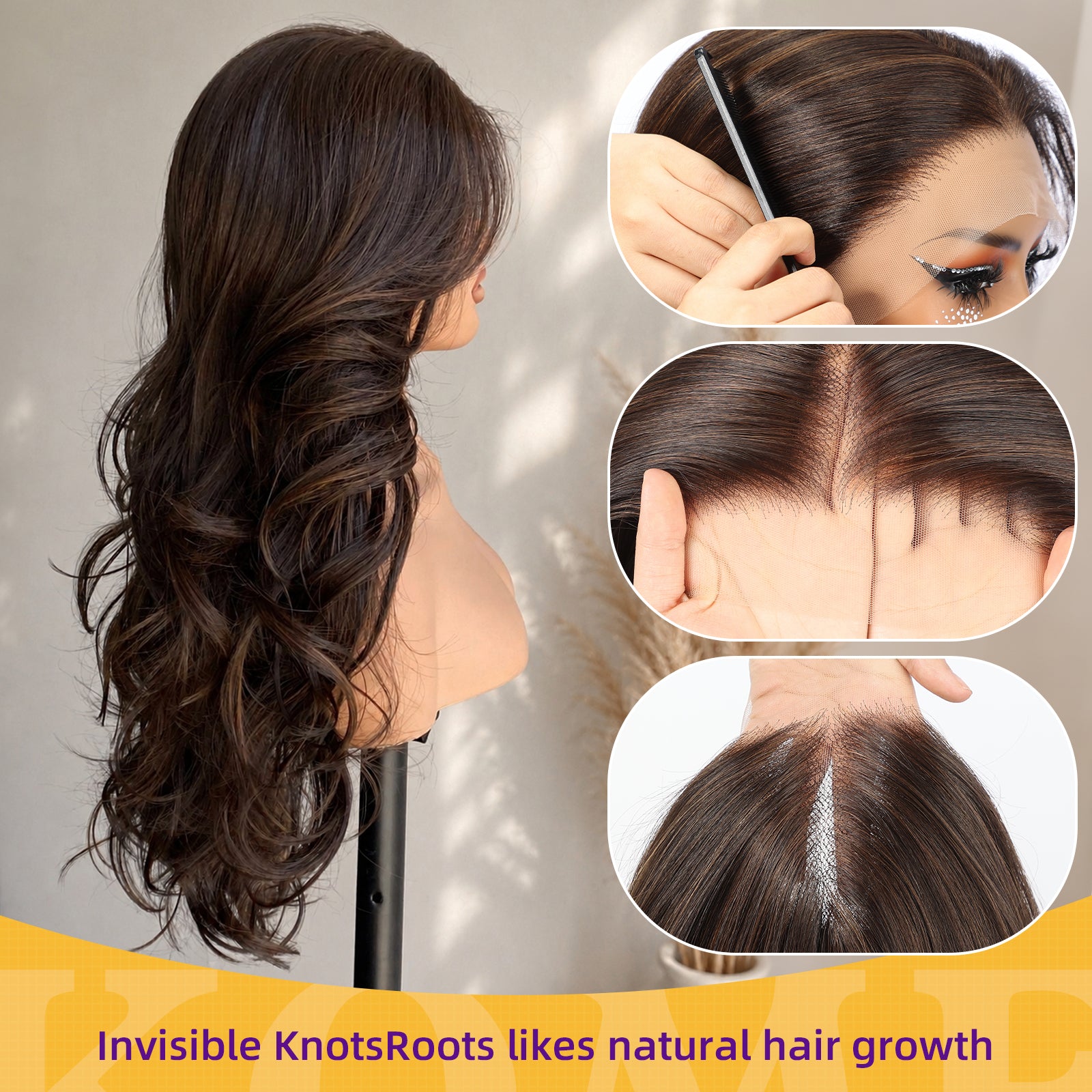 KOME Dark Brown Synthetic Lace Front Wig,13x4 HD Lace Glueless Layered Natural Brown Bouncy Blowouts Wigs for Women Daily Use 26IN(#FS4/30)