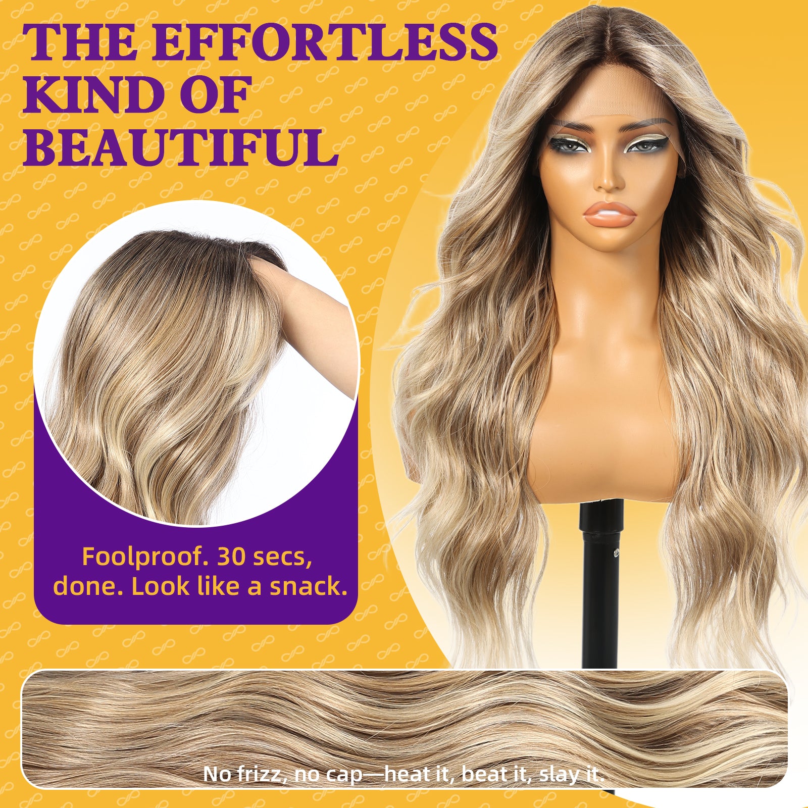 KOME Ombre Blonde Synthetic Lace Front Wig,T Part Glueless Long Body Wavy Wigs With Bangs for Women Cosplay Daily Use 28IN