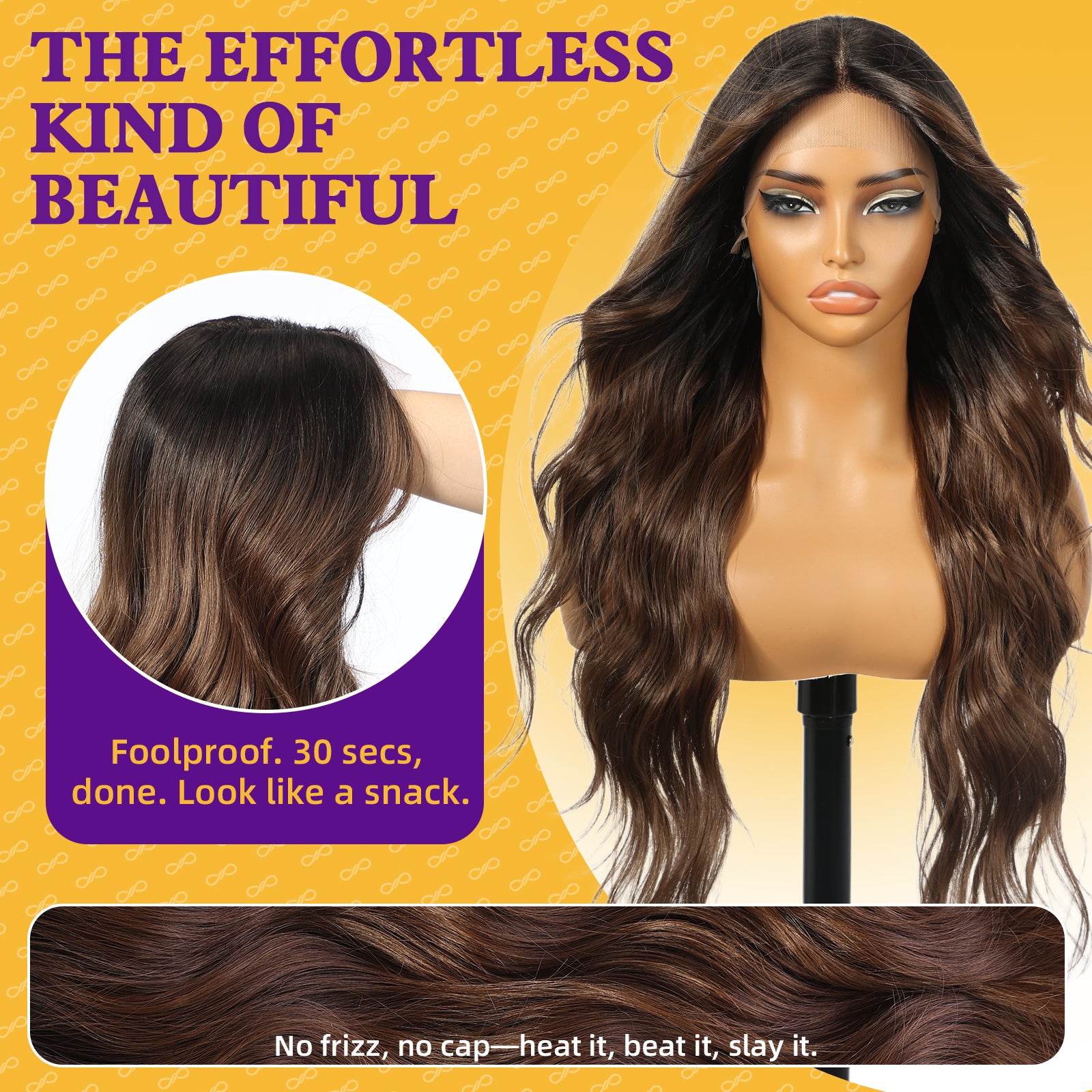 KOME Brown Highlight Synthetic Lace Front Wig,T Part Glueless Long Body Wavy Wigs With Bangs for Women Cosplay Daily Use 28IN(#TT30/2761)