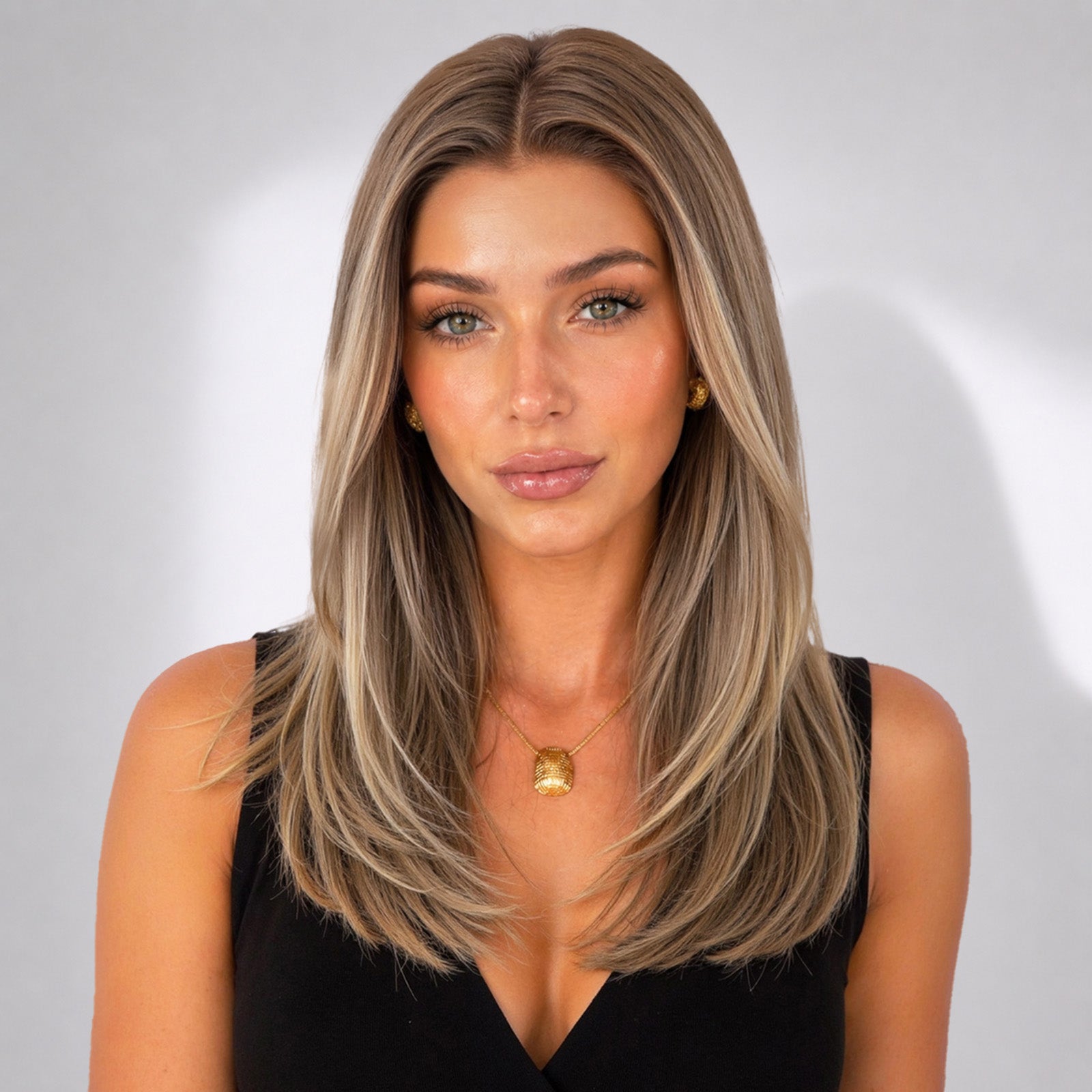 KOME Brown Highlight Human Hair Wig Blend,Brown Highlight Lace Front Wig, T Part Glueless Wigs for Women Daily Use 18IN（#TT6/1665）