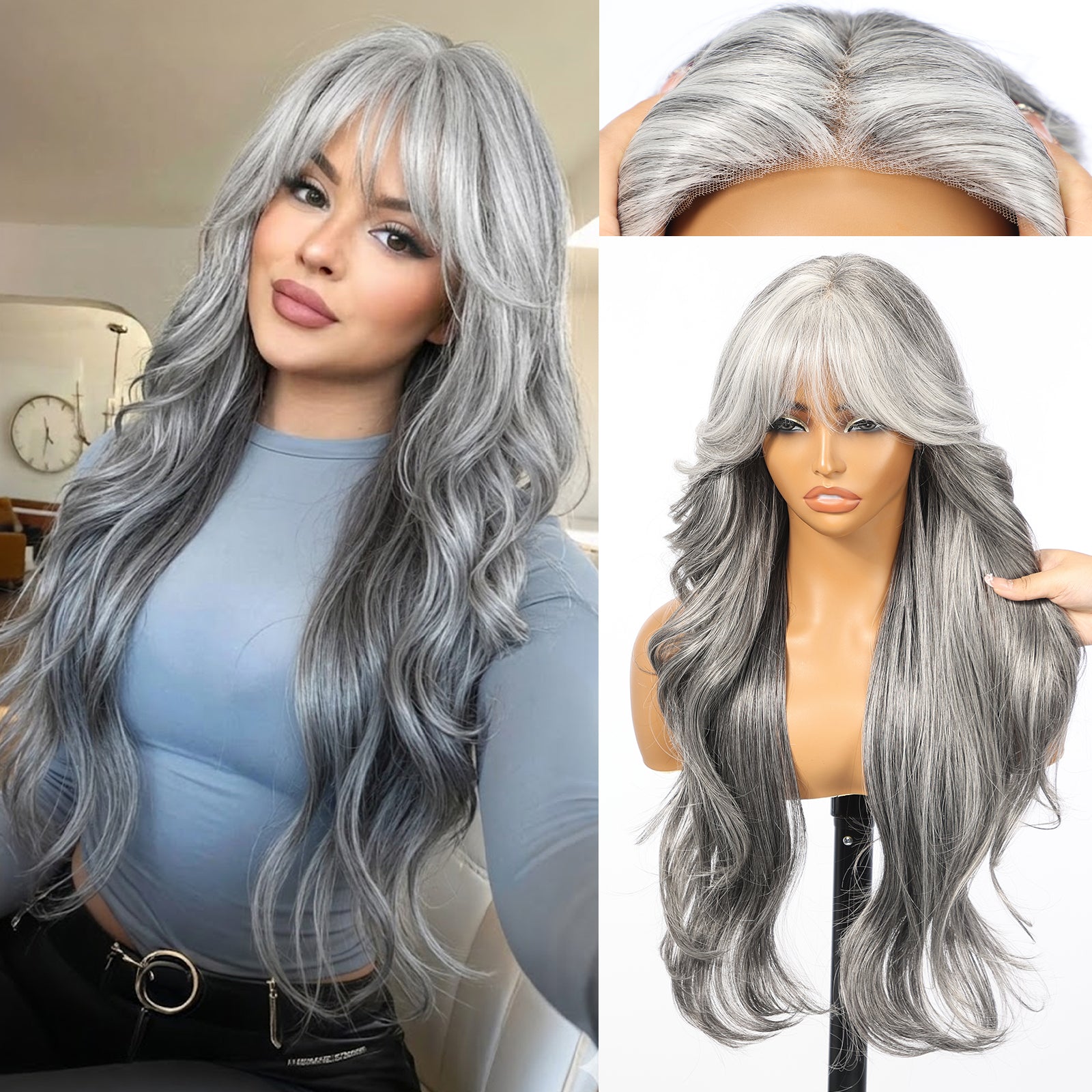 KOME Grey Synthetic Lace Front Wig, T Part Glueless Layered Wavy Wigs With Bangs, Heat Resistant Wigs For Women Daily Party Use 26IN