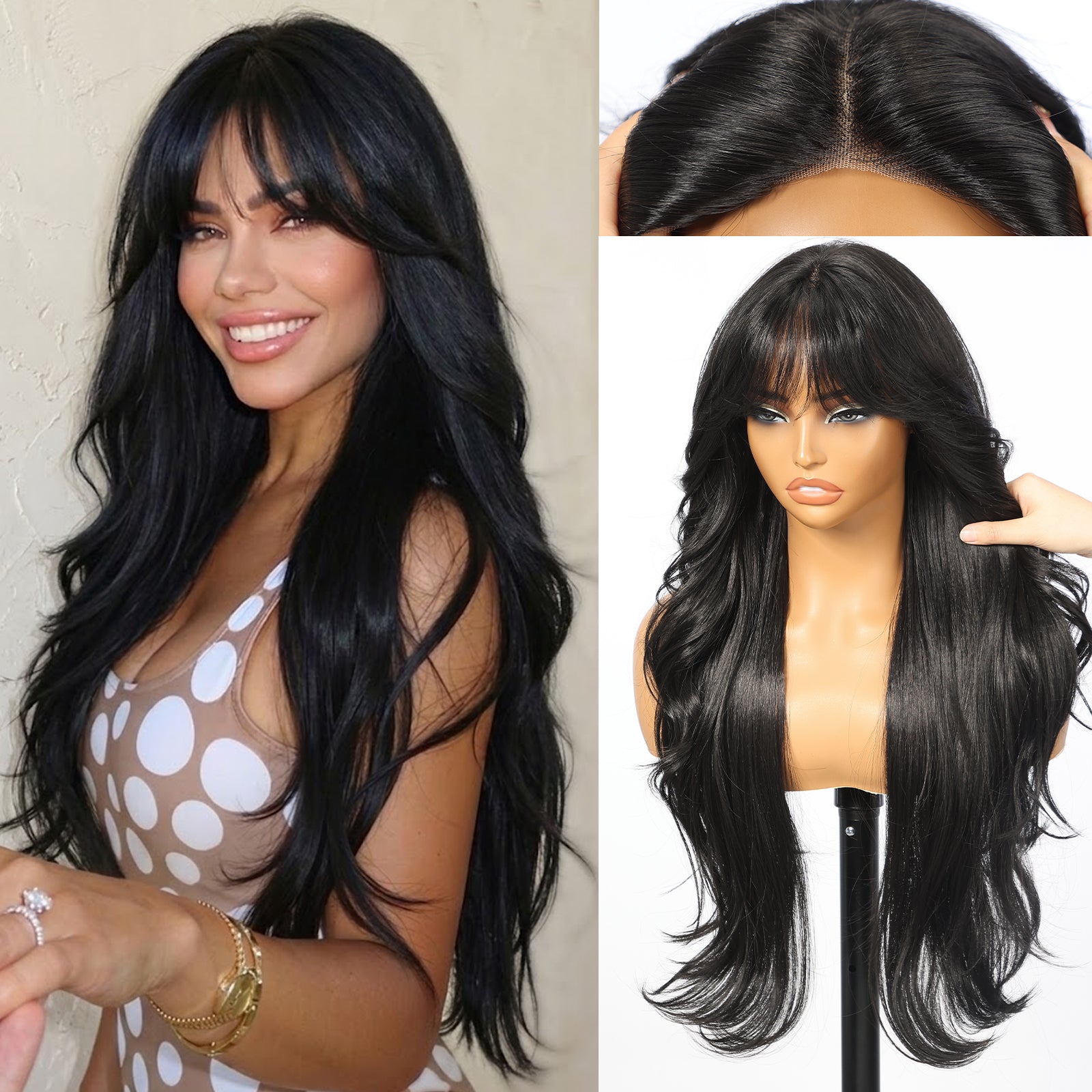KOME Black Synthetic Lace Front Wig, T Part Glueless Layered Wavy Wigs With Bangs, Heat Resistant Wigs For Women Daily Party Use 26IN