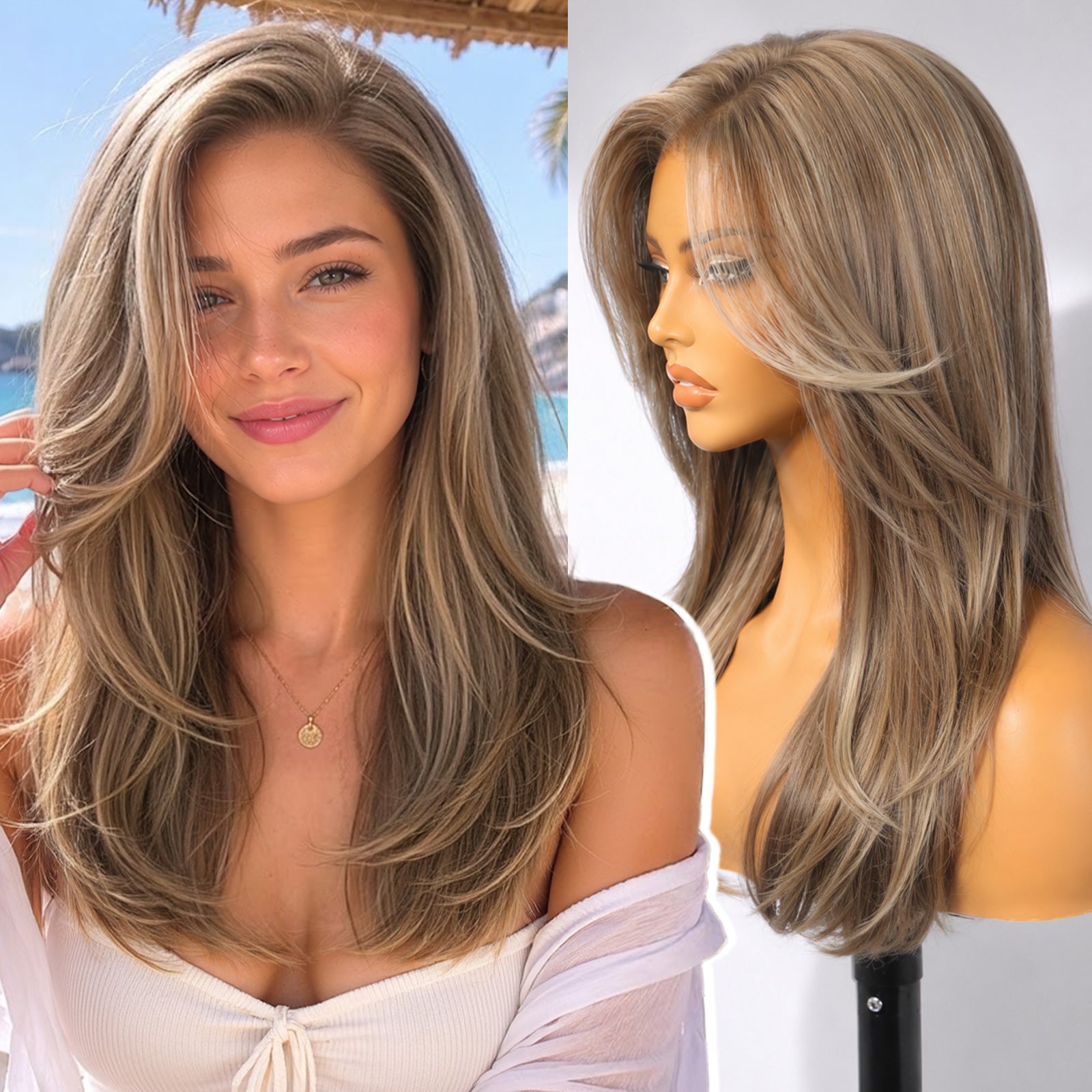 KOME Ash Brown Synthetic Lace Front Wig, 13X4 HD Lace Glueless Long Layered Straight Wigs for Women Daily Use 20IN （#F8/27/88）