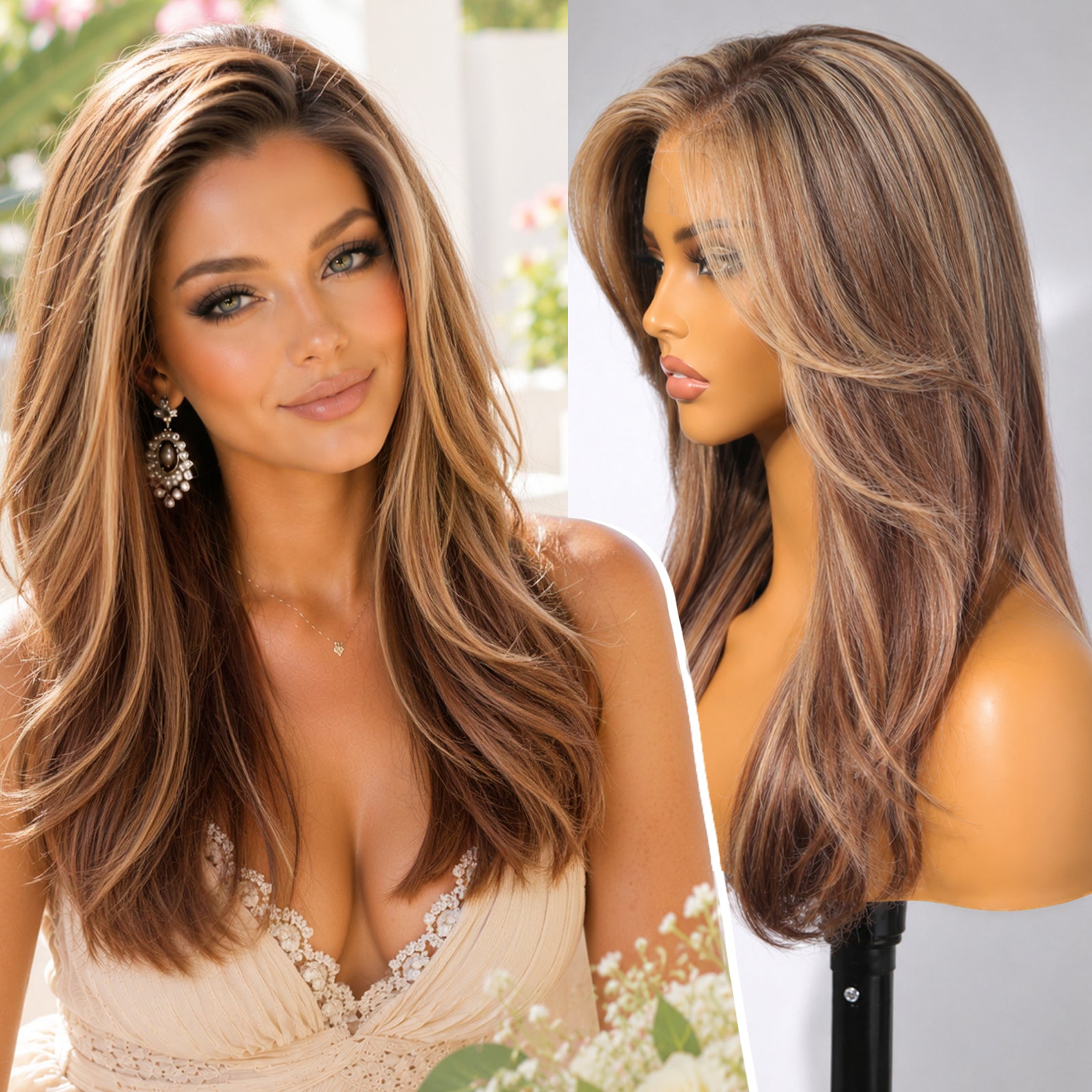 KOME Brown Mixed Synthetic Lace Front Wig, 13X4 HD Lace Glueless Long Layered Straight Wigs for Women Daily Use 20IN （#TT4/243）
