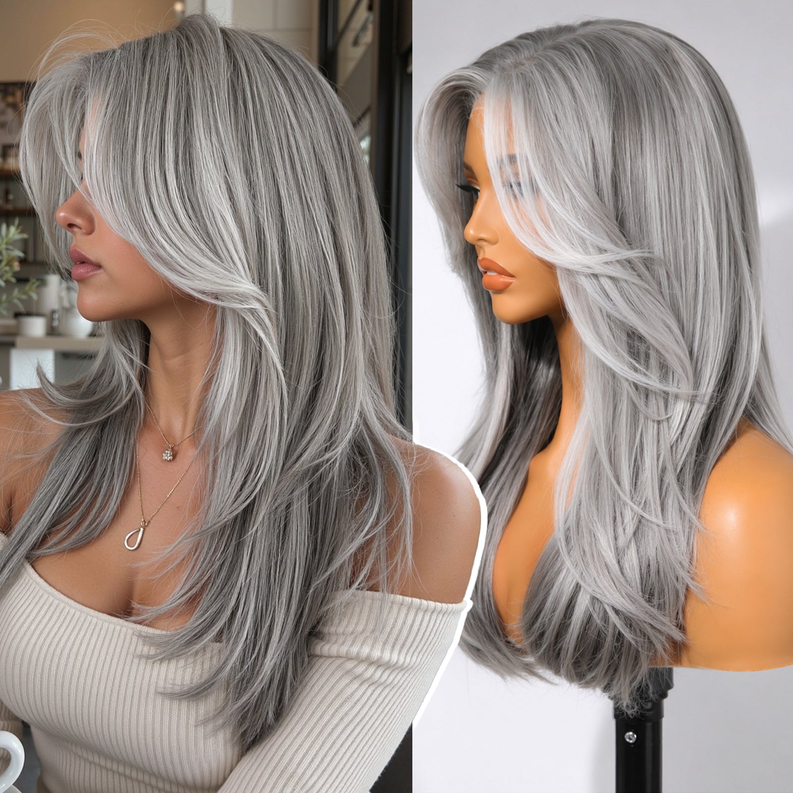 KOME Grey Synthetic Lace Front Wig, 13X4 HD Lace Glueless Long Layered Straight Wigs for Women Daily Use 20IN （#2/60HL）
