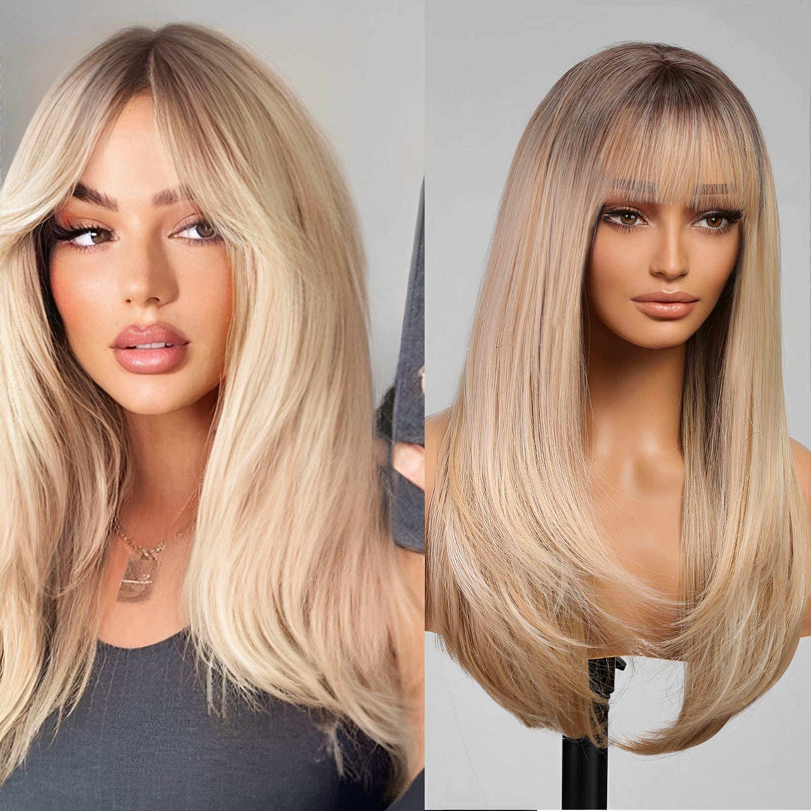 Ombre Blonde Long Layered Wig with Bangs,Straight Hair Wigs for Women,Synthetic Heat Resistant Natural Looking Hair Wig for Party Cosplay Dality Use