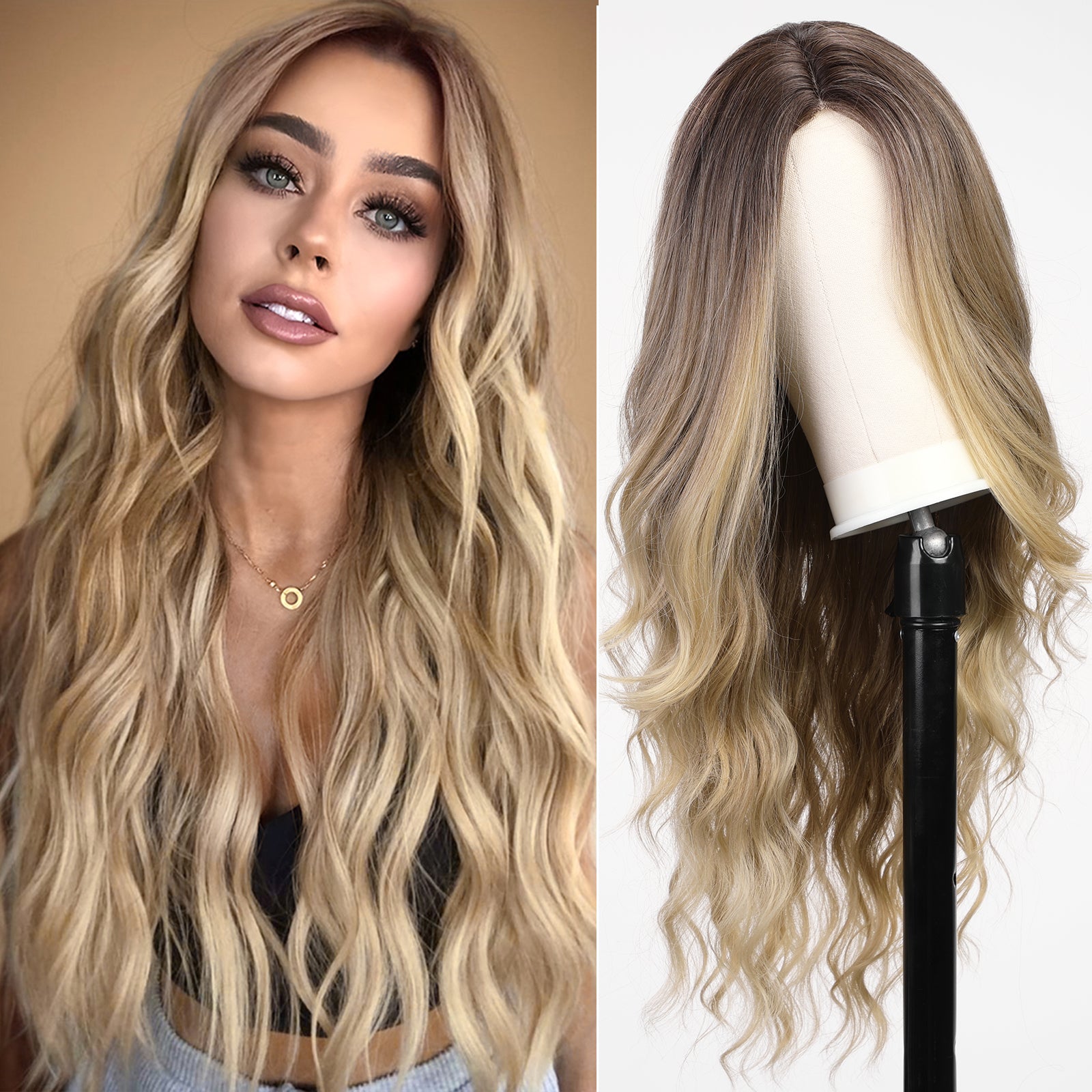 Long Ombre Brown mix Blonde Wavy Wig for Women,Lace Front Middle Part Curly Wavy Wig,Natural Looking Synthetic Heat Resistant Fiber Wig for Daily Party Use 26IN