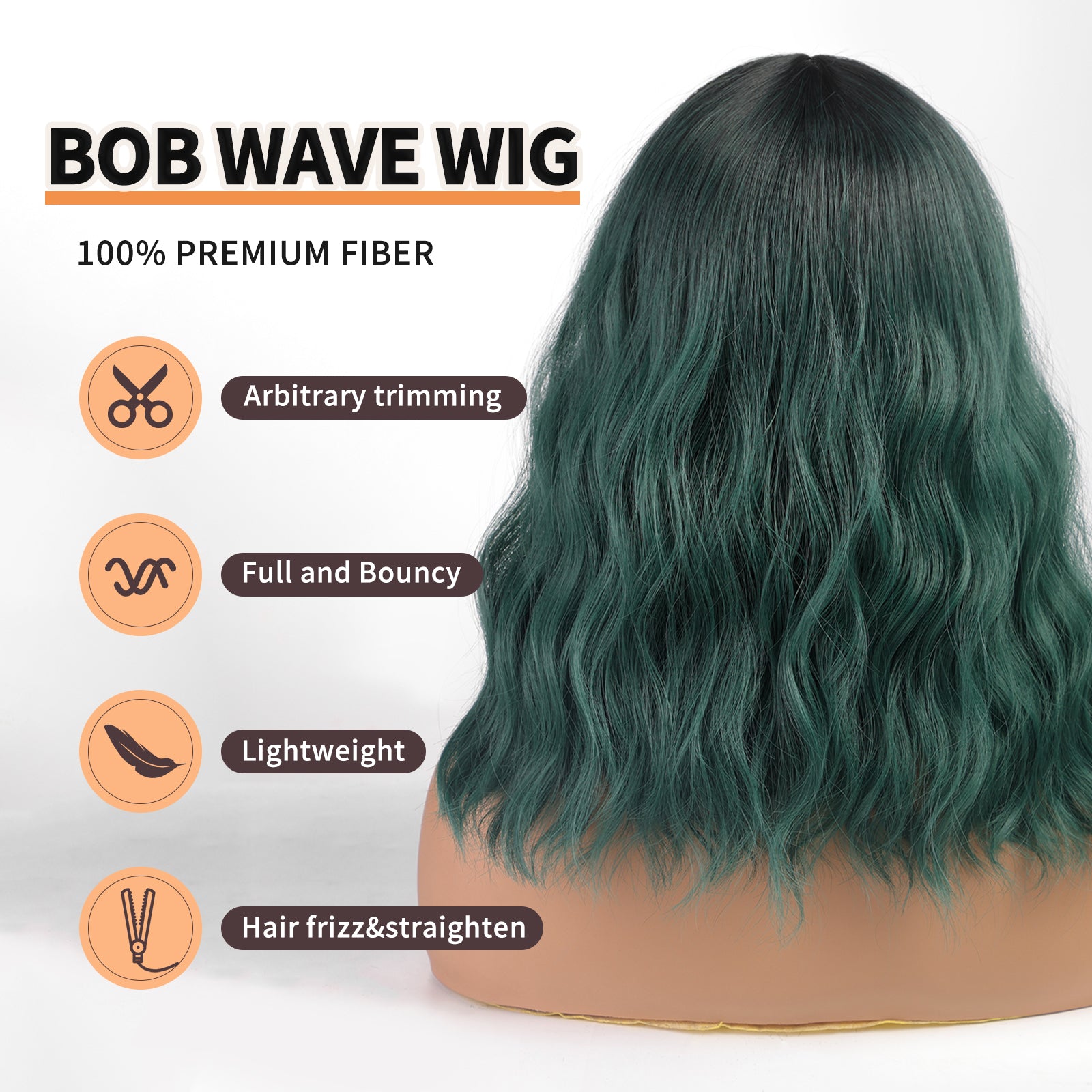 KOME Green Curly Bob Wig with Bangs Short Wavy Ombre Green Wigs for Women Lob Haircut Synthetic Heat Resistant Bob Wigs 14IN