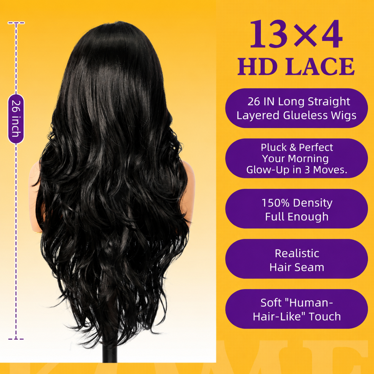 KOME Black Synthetic Lace Front Wig,13×4 Body Wave HD Glueless Wigs for Women Natural Daily Use 26IN