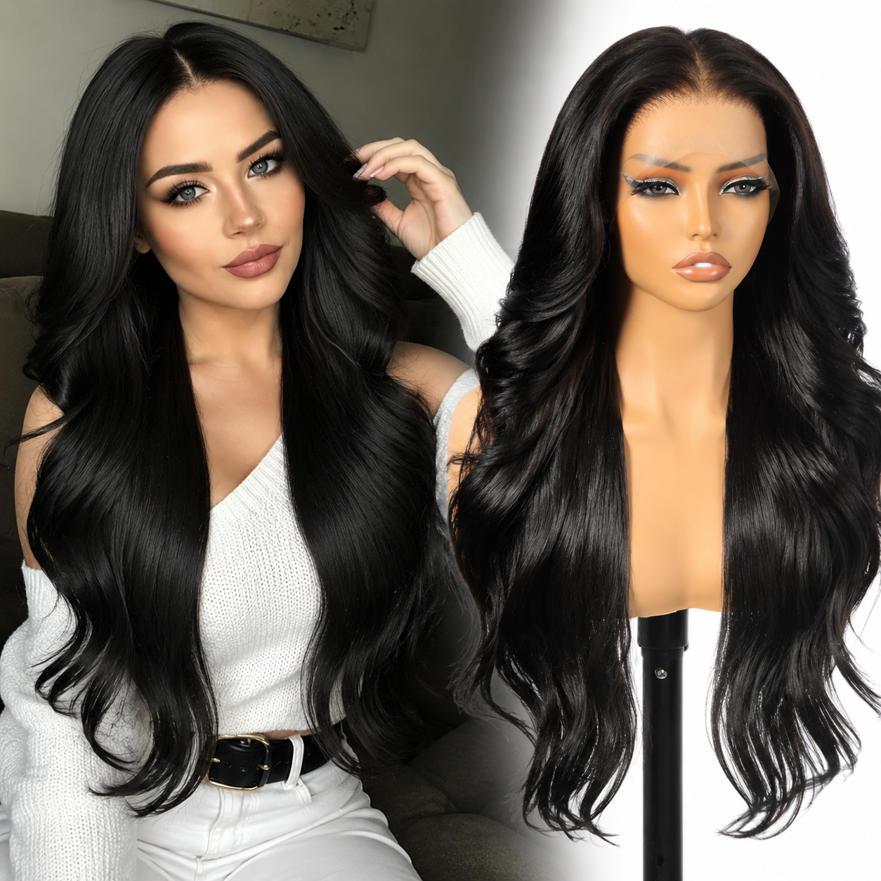 KOME Black Synthetic Lace Front Wig,13×4 Body Wave HD Glueless Wigs for Women Natural Daily Use 26IN