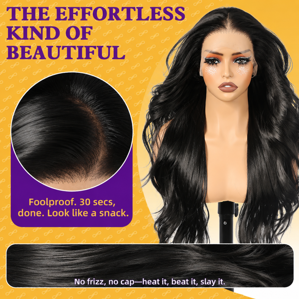 KOME Black Synthetic Lace Front Wig,13×4 Body Wave HD Glueless Wigs for Women Natural Daily Use 26IN