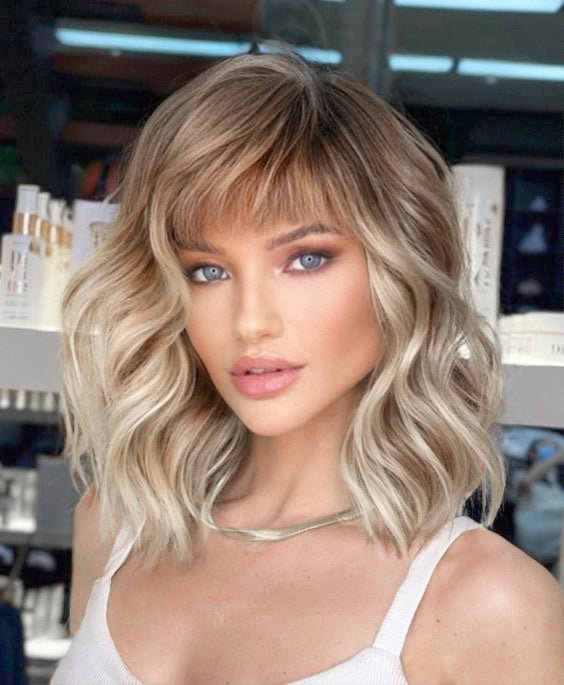 KOME Curly Bob Wig with Bangs Short Wavy Blonde Highlight Wigs for Women Bob Style Synthetic Heat Resistant Bob Wigs 14IN