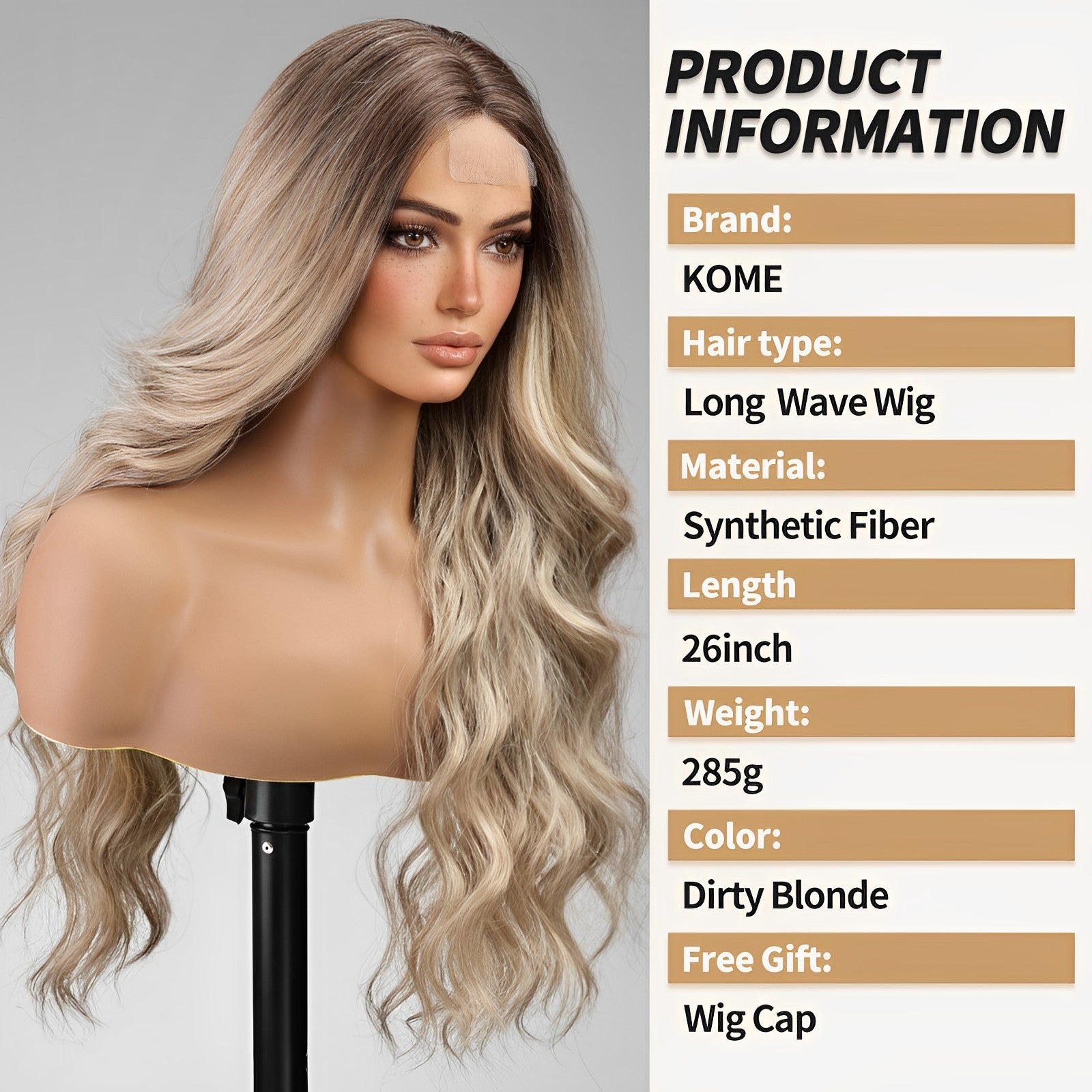 Long Ombre Dirty Blonde Wavy Wig for Women,Lace Front Middle Part Curly Wavy Wig,Natural Looking Synthetic Heat Resistant Fiber Wig for Daily Party Use 26IN