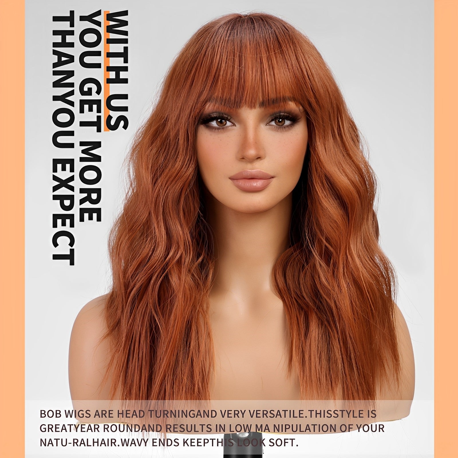 KOME Orange Wig with Bangs,Ginger Wavy Wigs for Women,Copper Shoulder Length Curly Synthetic Hair Wig for Party Daily Use 18IN