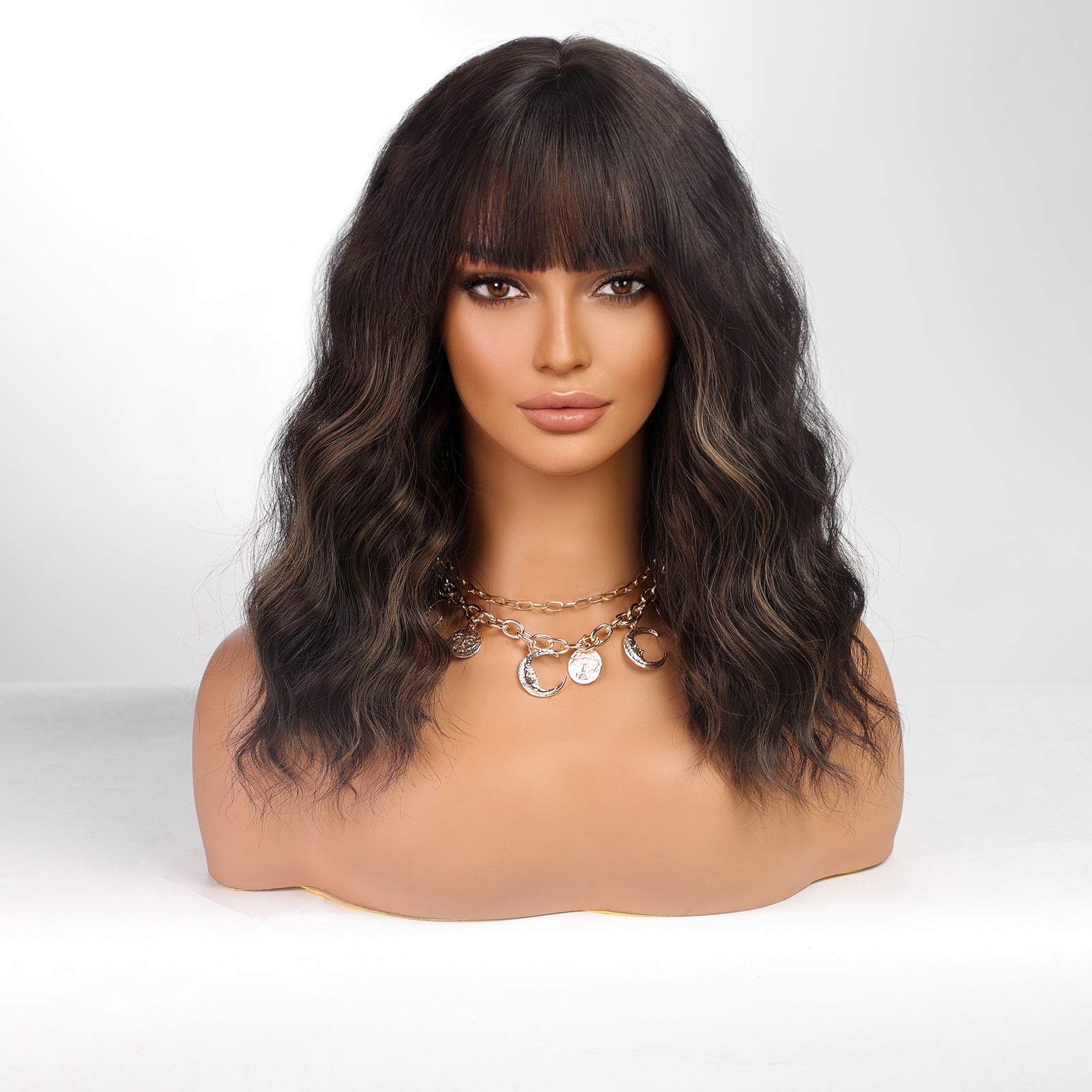 KOME Dark Brown Curly Bob Wig with Bangs Short Wavy Dark Brown mix Blonde Highlight Wigs for Women Lob Haircut Synthetic Heat Resistant Bob Wigs 14IN