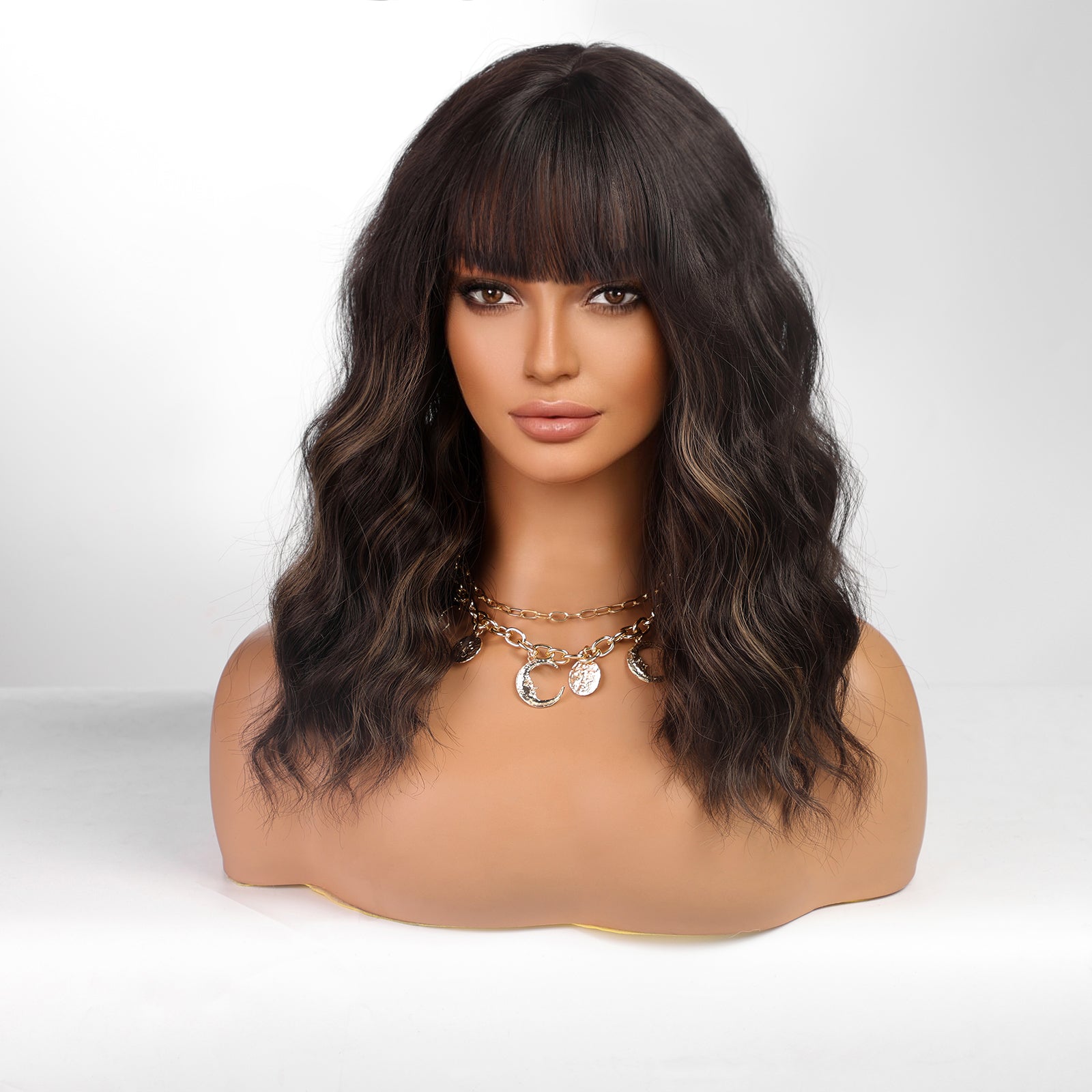 KOME Dark Brown Curly Bob Wig with Bangs Short Wavy Dark Brown mix