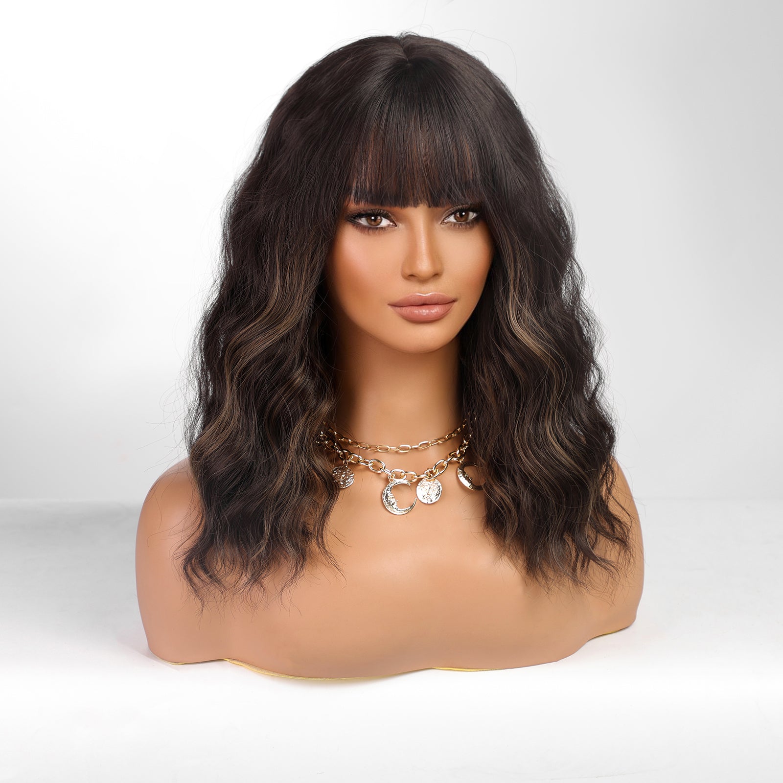 KOME Dark Brown Curly Bob Wig with Bangs Short Wavy Dark Brown mix