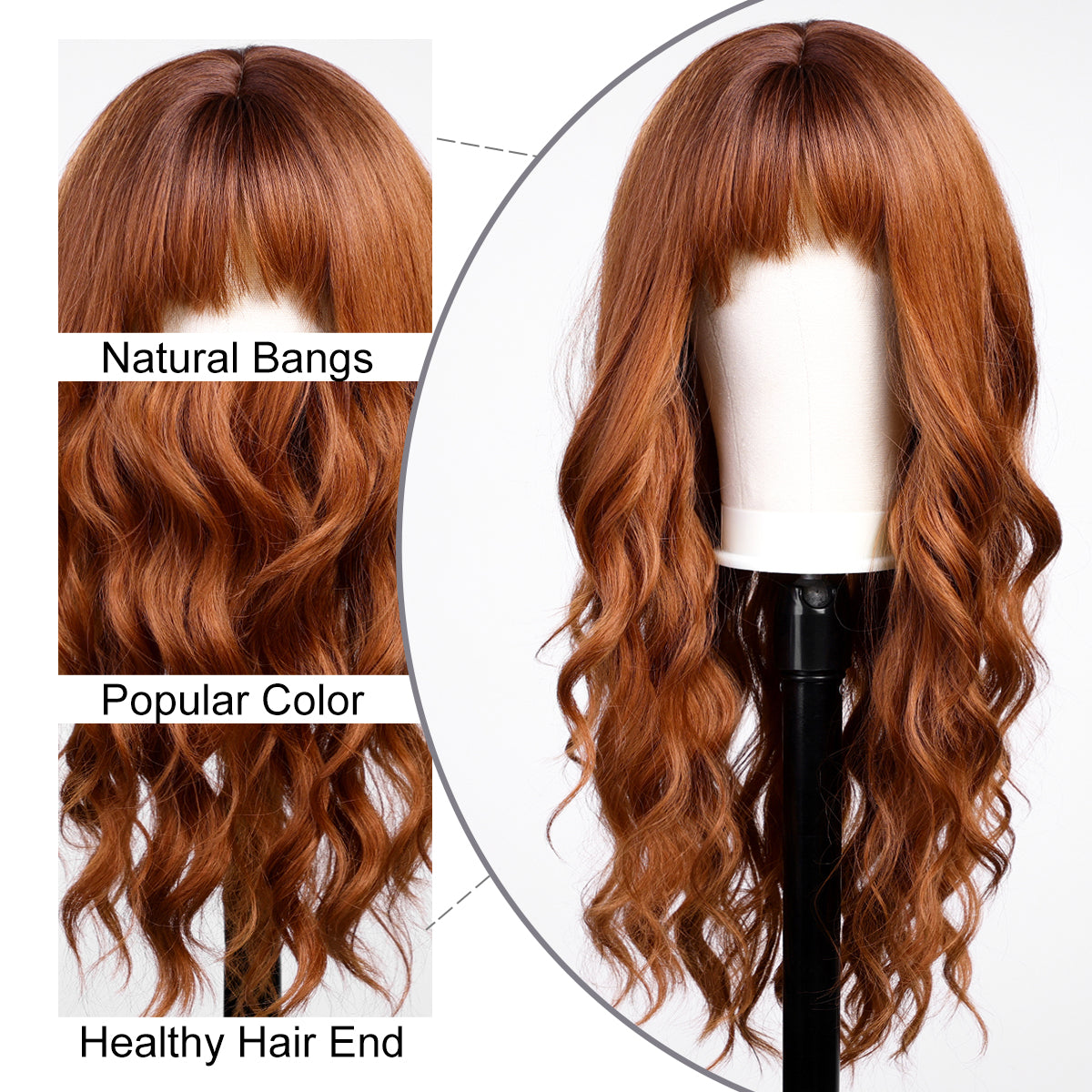 Orange Wigs with Bangs,Ginger Long Wavy Wig for Women,Long Curly Synthetic Hair Wig for Party Daily Use 26IN