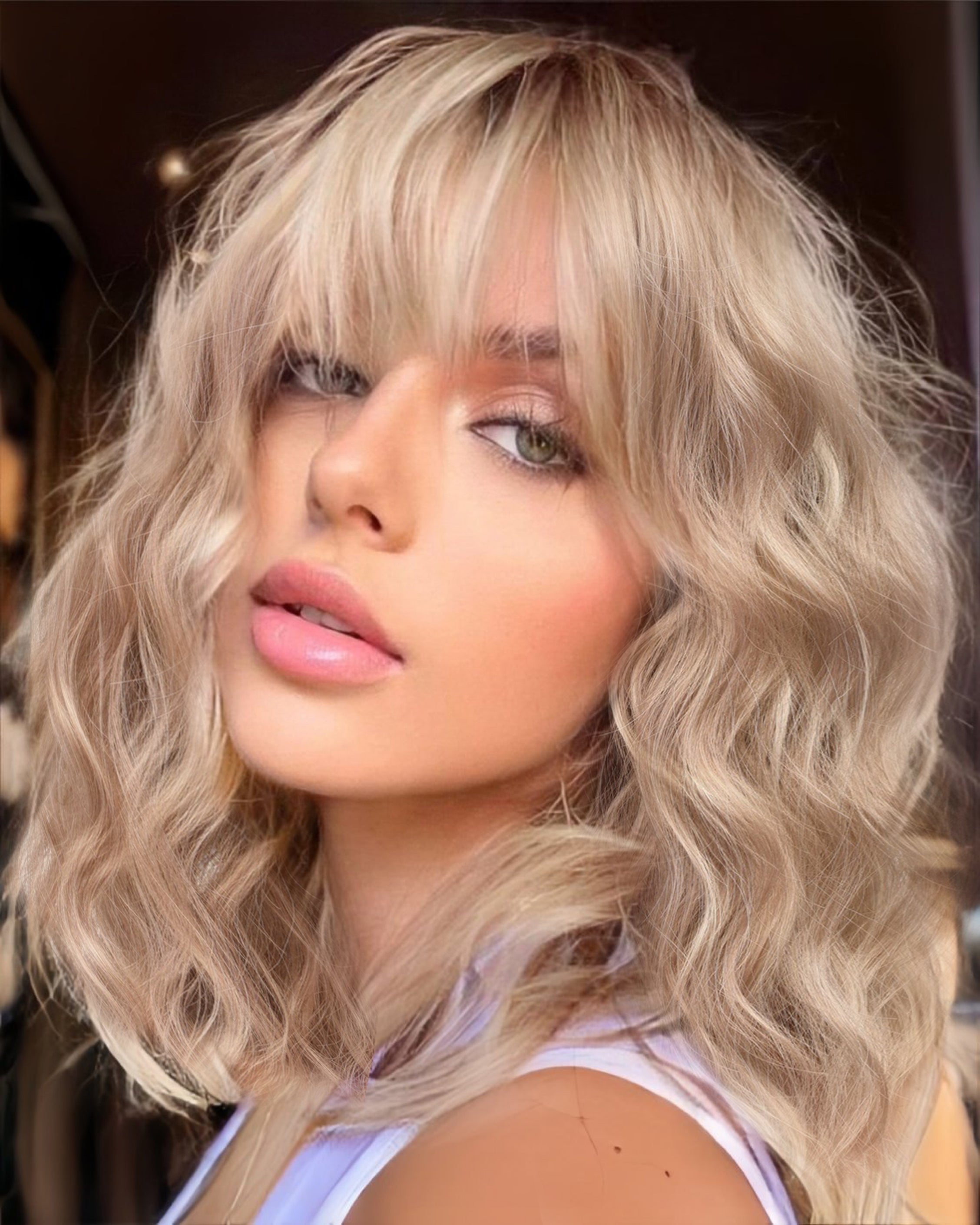 KOME Curly Bob Wig with Bangs Short Wavy Rose Blonde Wigs for Women Bob Style Synthetic Heat Resistant Bob Wigs 14IN