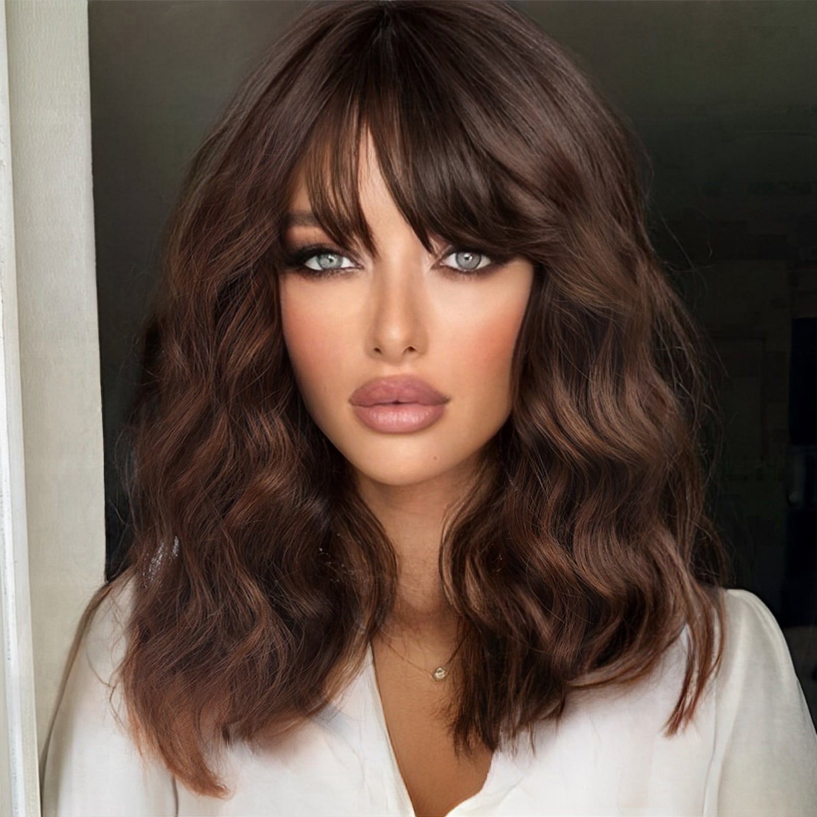 KOME Brown Curly Bob Wig with Bangs Short Wavy Natural Brown Wigs for Women Lob Haircut Synthetic Heat Resistant Bob Wigs 14IN