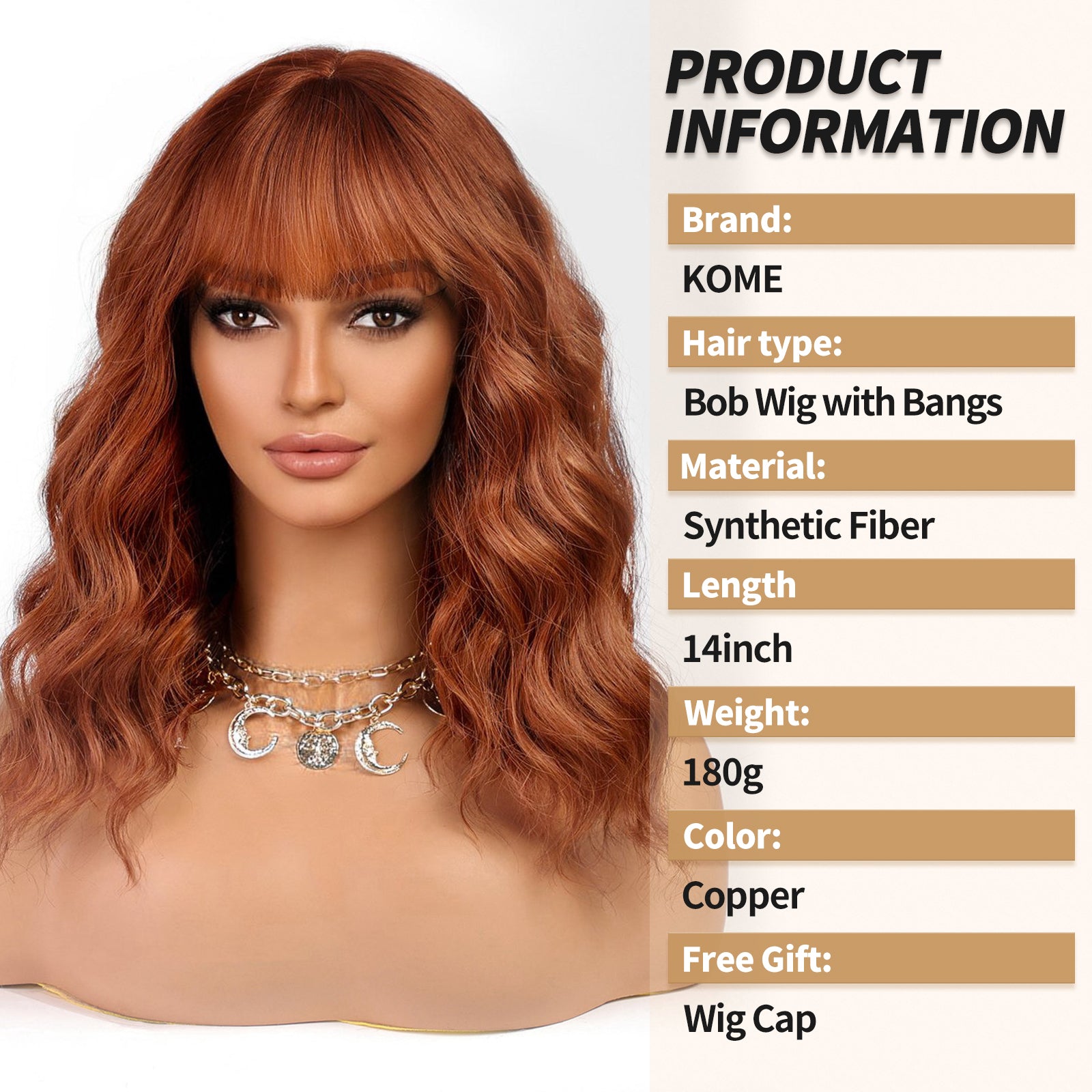 KOME Ginger Curly Bob Wig with Bangs Short Wavy Ombre Copper Wigs for Women Lob Haircut Synthetic Heat Resistant Bob Wigs 14IN