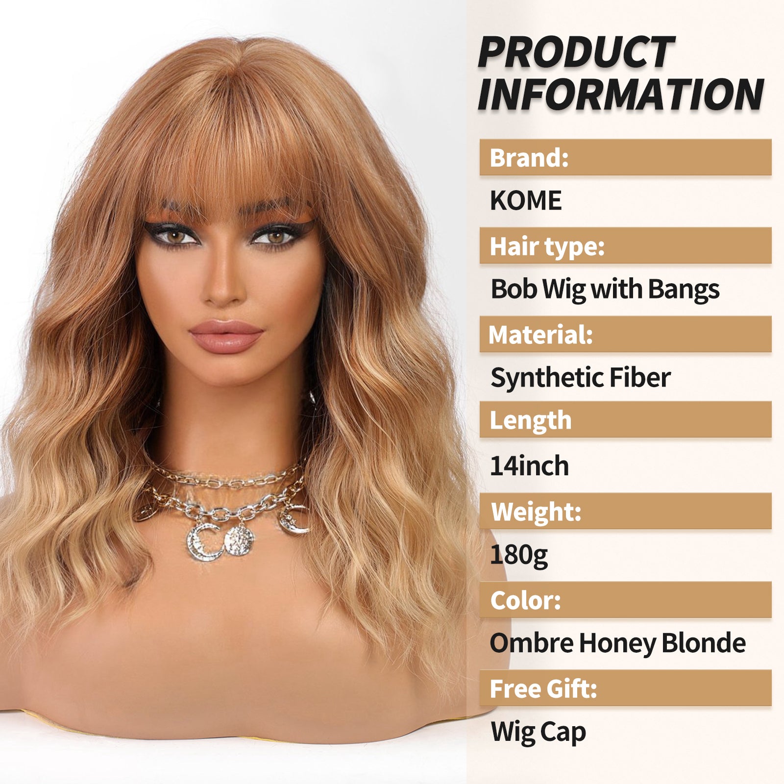 KOME Ombre Blonde Curly Bob Wig with Bangs Short Wavy Honey Blonde Wigs for Women Lob Haircut Synthetic Heat Resistant Bob Wigs 14IN